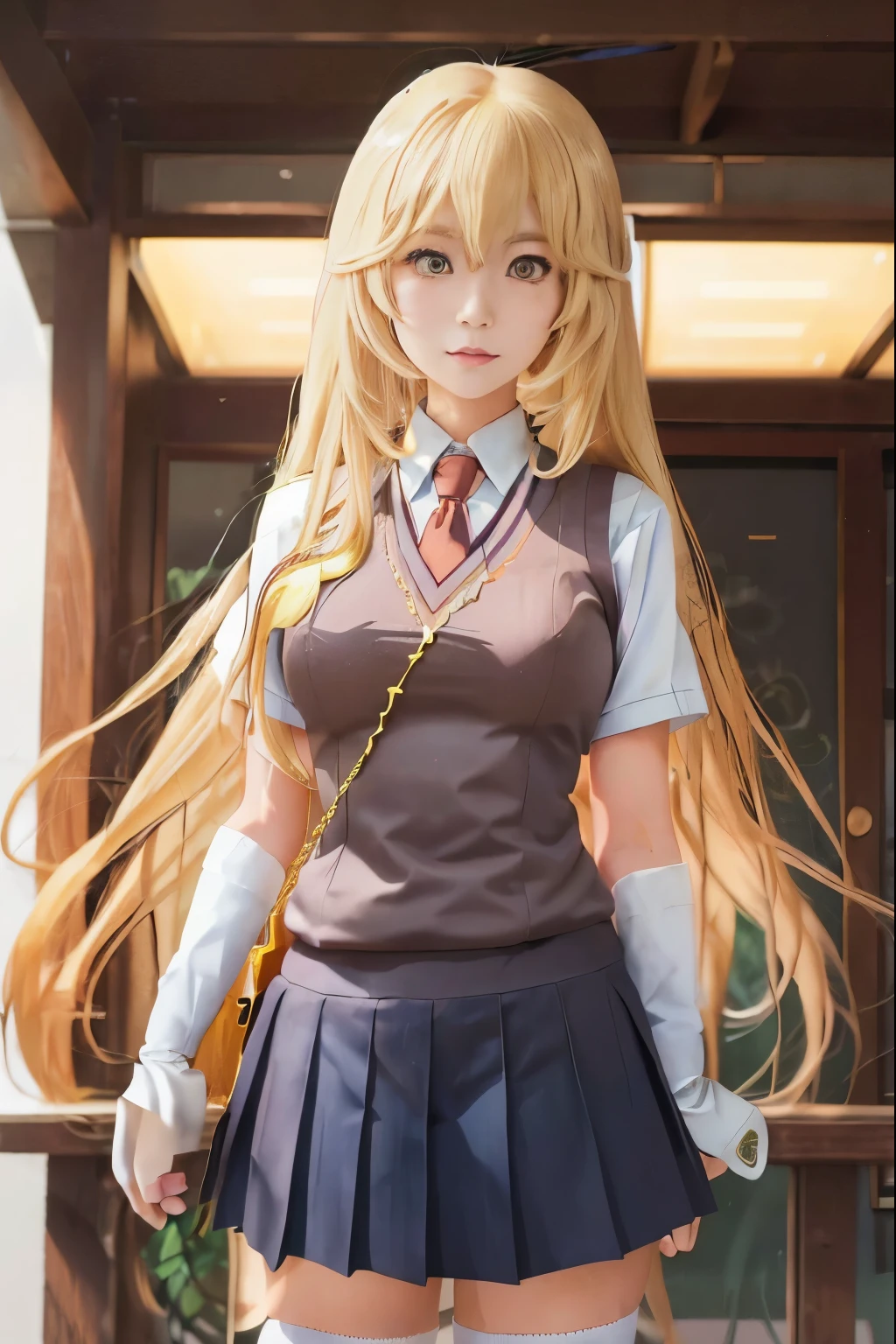 anime girl with long blonde hair and school uniform posing for picture, anime visual of a cute girl, beautiful anime high school girl, a hyperrealistic schoolgirl, blonde anime girl with long hair, realistic schoolgirl, anime moe artstyle, smooth anime cg art, marin kitagawa fanart, hyperrealistic schoolgirl, young anime girl, anime girl with long hair，Bee-eater prayer，Long blonde hair，long whitr hair，金黄有光泽度long whitr hair，JK school uniform