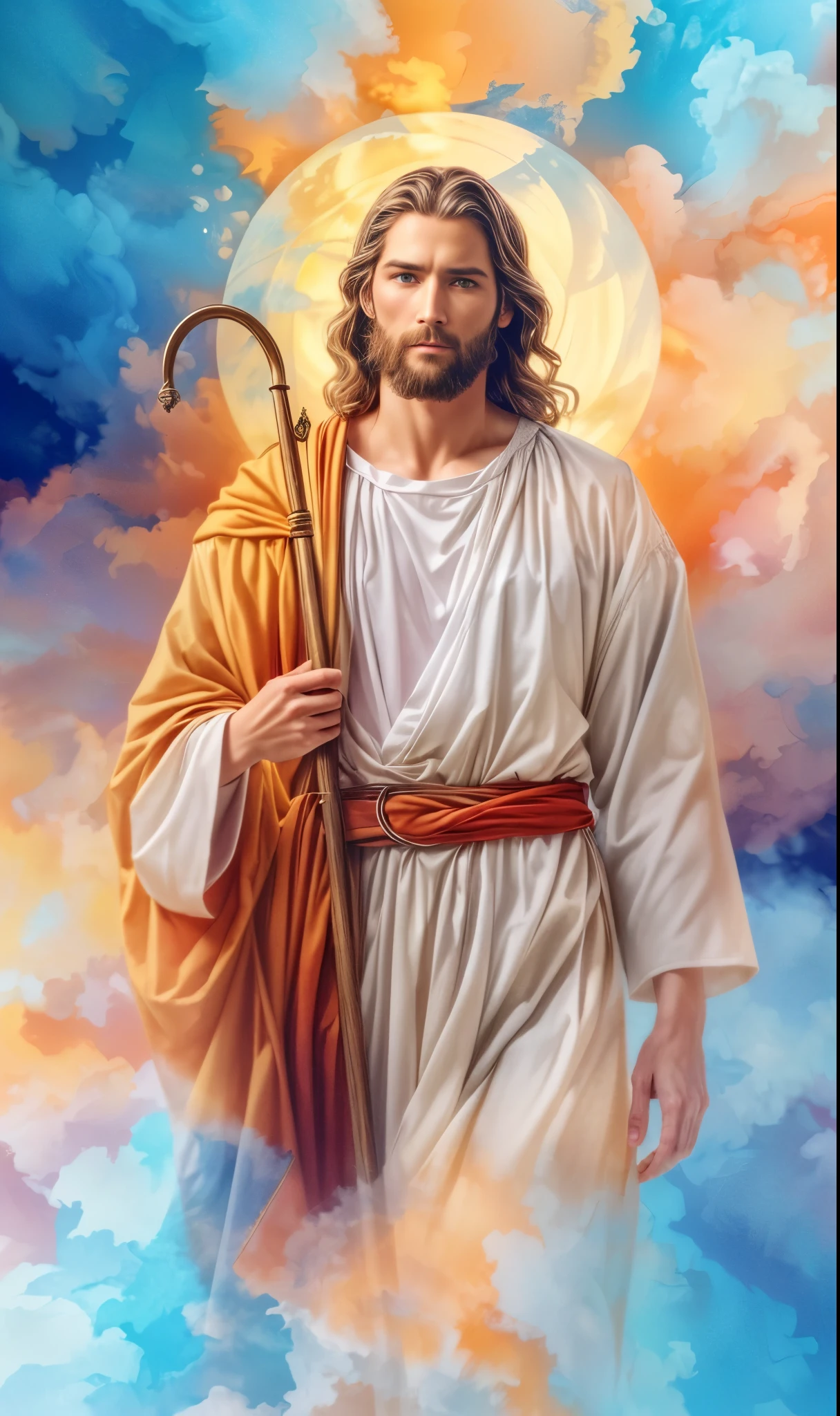 ((Masterpiece)),((bestquality)),8k,((Jesus)),a European male, long blond hair, curly hair, the Middle Ages, the sky, colored light, clouds, holy light, that cane, European male protagonist , deep eyes, dark belt, high details, ultra-details, fashion pose, real skin texture, movie lighting, 21-year-old male model, handsome, cute look, holy look, white pale skin, blue eyes, Long messy brown hair, strong jawline, masculine, chiseled figure, holy robe, white medieval clothing, male skirt, (soft light: 1.6), (holy light: 1.3), holy atmosphere, movie lighting, backlight , Depth of Field, Award-Winning Photography, Elegant, Hyperrealistic, Octane Rendering, Unreal, HD, 8k Resolution, Highly Detailed, 8k UHD, Professional Lighting, Photon Mapping, Radiosity, Physically Based Rendering