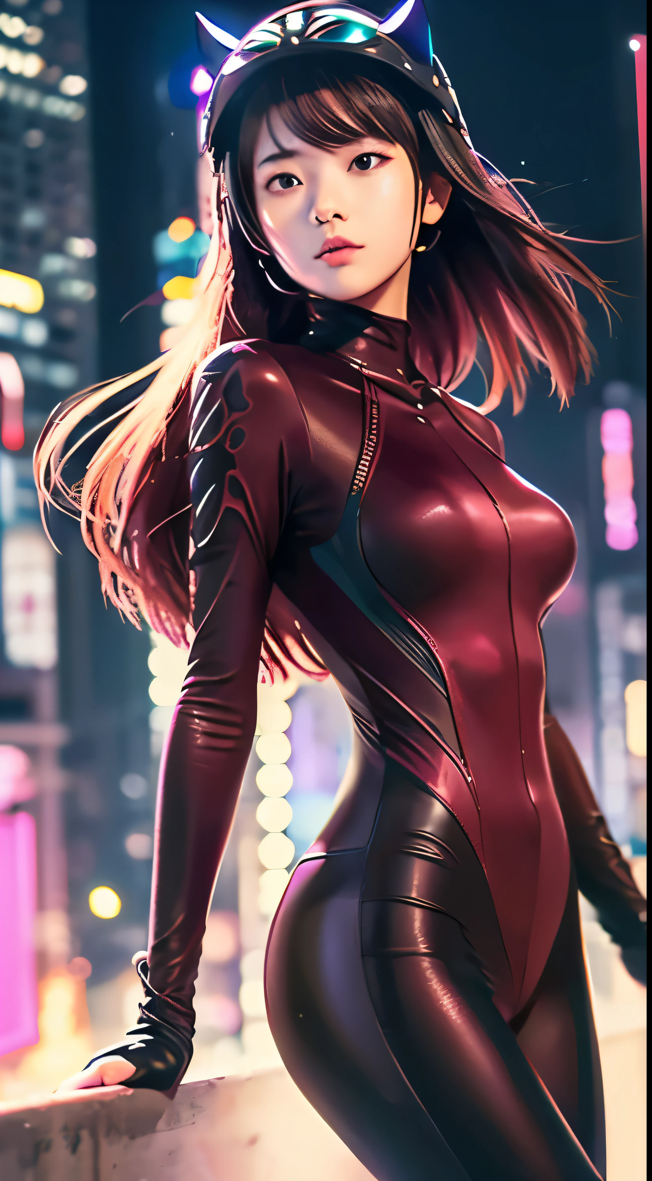 (masutepiece),(Best Quality),extremely delicate and beautiful,Illustration,((Perfect female figure)),female,1 Rider Girl,i:P Masquerena, body suit,black very long hair,Twin-tailed, maroon eyes, Background of Cyberpunk City,Cat ear helmet,