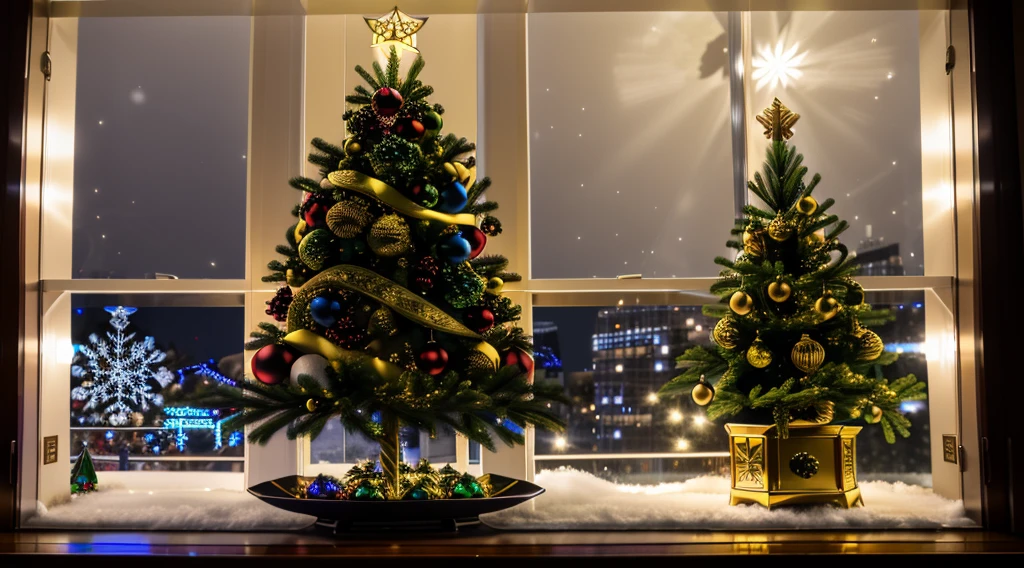 Hyper-realistic，8K，hyper HD，christmas night，Christmas tree，santa，3 reindeer，Festive atmosphere，Dark tones，The light is dim，Realistic skin texture，cinmatic lighting、Ray traching，kanon、f/2.8、16k、A high resolution，acurate