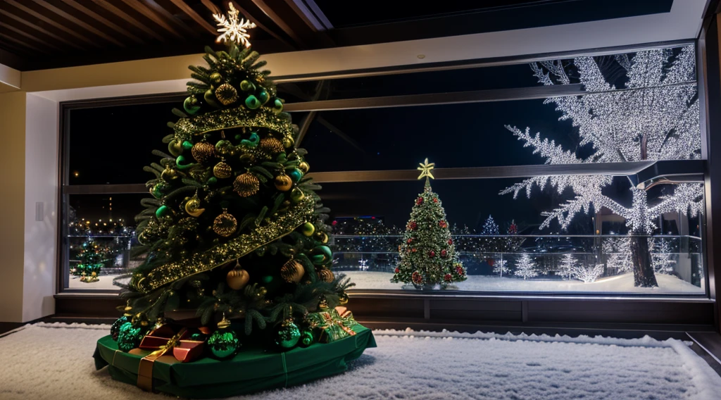 Hyper-realistic，8K，hyper HD，christmas night，Christmas tree,Christmas gifts，glass window，sled，(((3只驯鹿围绕着Christmas tree)))，Festive atmosphere，Dark tones，The light is dim，Realistic skin texture，cinmatic lighting、Ray traching，kanon、f/2.8、16k、A high resolution，acurate