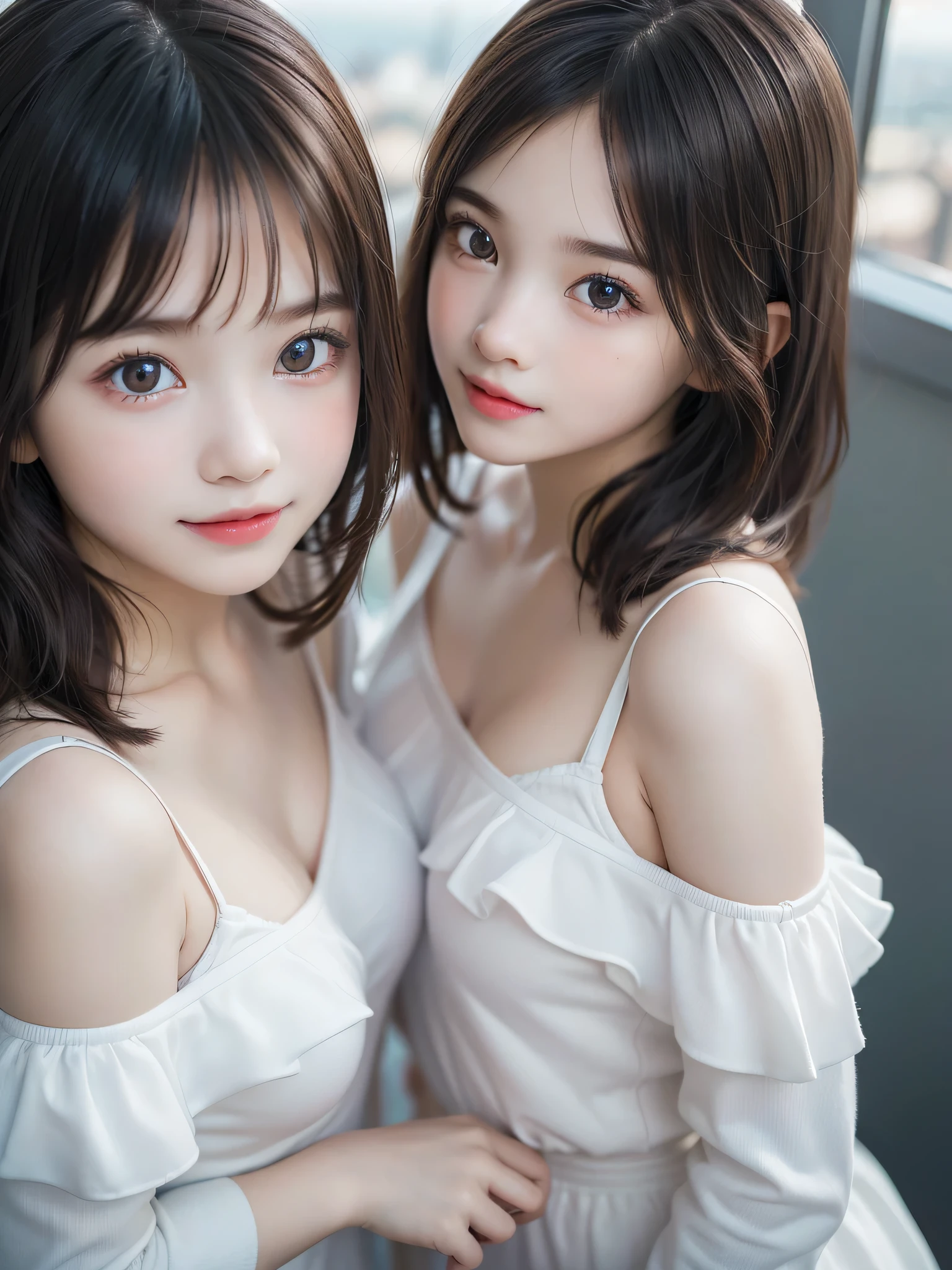 ((2 s:1.3)), (Ultra Realistic, hight resolution), (Highly detailed eyes, Highly detailed hair, Highly detailed face, Highly detailed plump lips), (off shoulder with open breasts), breasts, Upper body, Search Smile, (Best Quality:1.4), Raw photo, (Realistic, photo-Realistic:1.37), Professional Photography, Cinematic Light, (Fine face: 1.2), (View from above),