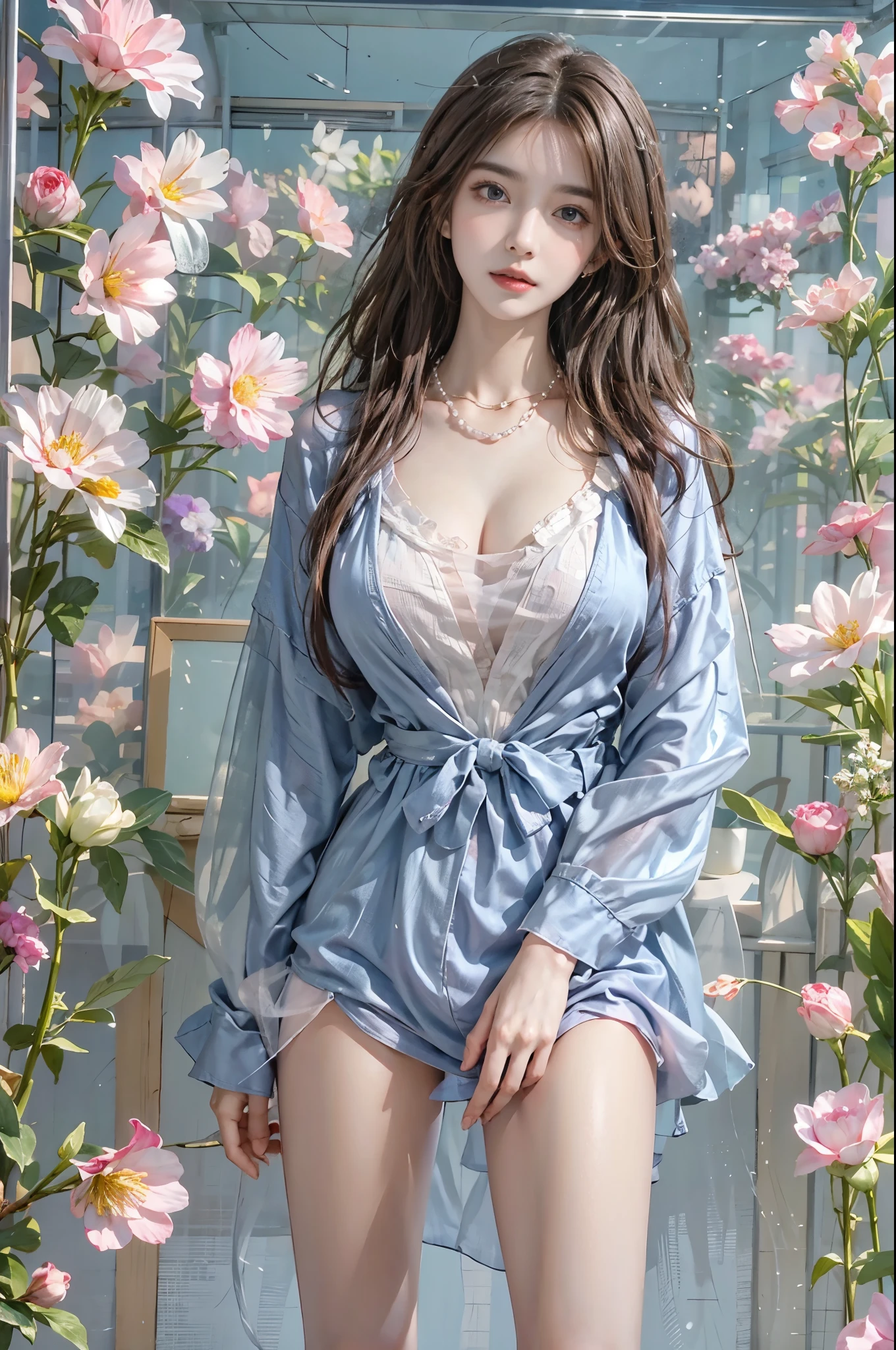 Sweet girl clothes2,pearl necklace,blue dress,flower,realistically, A high resolution, 1人の女性, Alone, (Detailed faces), Brown hair,  blue color eyes、beautiful boobs、cleavage、blend４, (Best Best Illustration: 1.1), (The best shadow: 1.1), Expressing the、Glowing and radiant skin。actual、(真实感:1.37)、(K-pop idol)、messy  hair、Medium hair、(pink blush)、(illuminated)、(独奏)、dynamicposes、(lean legs)、north african free trade area、The content is very detailed ambient occlusion、超A high resolution, 超actual, The content is very detailed