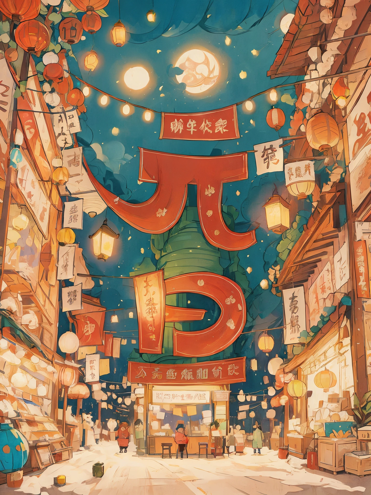 A picture of a street with many lanterns and signs, traditional japanese concept art, Popular topics on cgstation, summer festival night, A beautiful artistic illustration, pixiv, Popular topics on artstation pixiv, Anime background art, Pixiv Contest Winner, Japanese style, lofi album art, Japanese style的海报, Dream China Town, 8K))