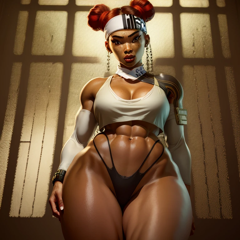 1girl, dark-skinned female, red hair, big breasts, brown eyes, asian face, double bun, facing viewer, abs, thic legs, open legs, cintura, lenceria deportiva, sports bra, panties, headband, collarbone, navel, standing, whole body, cleavage, cyberpunk, open hospital,(insanely detailed, beautiful detailed face,beautiful detailed eyes, masterpiece, best quality)