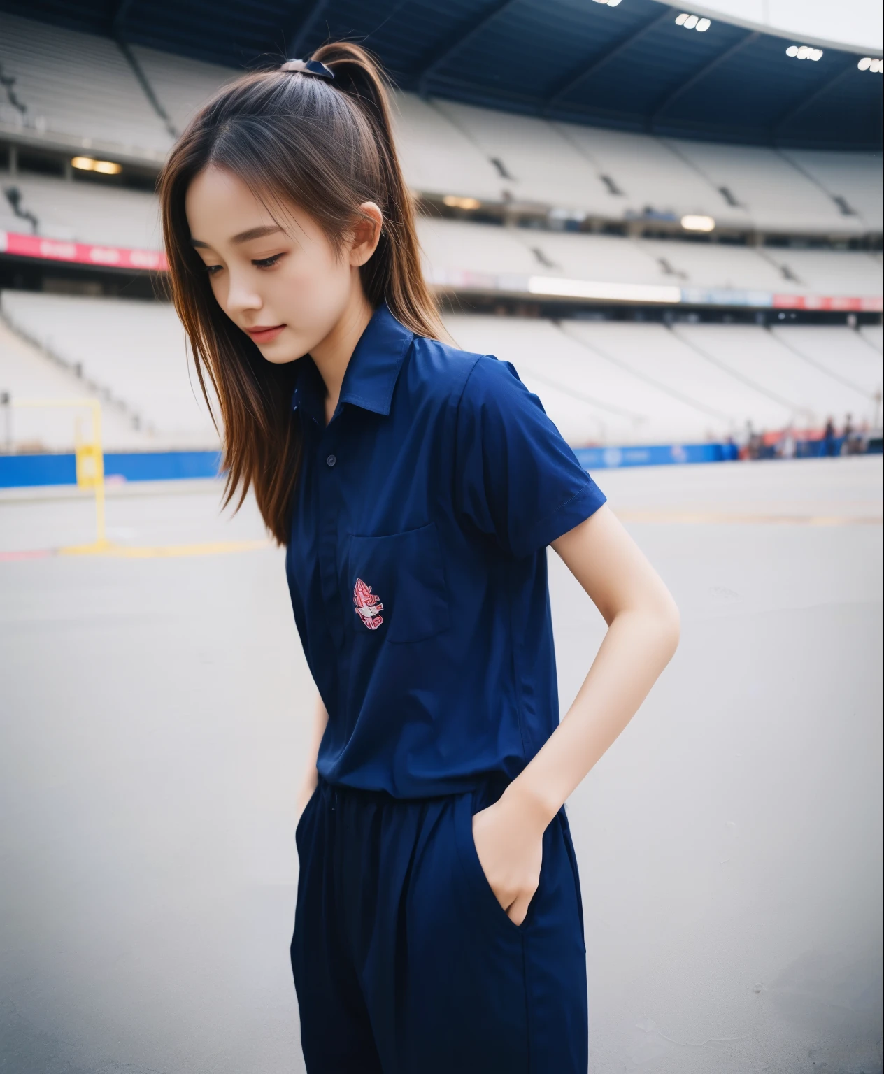 (bestquality,10,10,highres,masterpiece:1.2),ultra-detail,(Realistic,ภาพRealistic,photo-realistic:1.37),1 Cute girl in the football field,oily shiny skin,bara,light smile,BDclothelue shirt:1.3)),short sleeves,shirt, trousers.,(navy_long_ติดตามtrousers:1.1), ((Stadium Background:1.3)),dynamic angle,excited,face focus,Dynamic Poses,from behide,Ass Focus,masterpiece, bestquality, ultra realistic, hyper-detail, 8k resolution, RAW photo, crisp focus, ((Navy blue shirt:1.1)), short sleeves, เส้นทางlong, Complete bodyแบบ, 2 mature women, 18yo, cinematic light,trousersวอร์มสีน้ําเงิน,Gymware,Correct anatomy,Complete body, Correct body, sharp face, Correct bodyทางกายวิภาค, full entire body, Realistic gestures, long-haired, Realistic poses,Wear long shorts........................................,ช่วงขาlong,Shapely,Sculpting Girl, Slender Figure, mannequin mannequins, Shapely, Beautiful body,trousersวอร์มสีน้ําเงิน, Two girls kissing