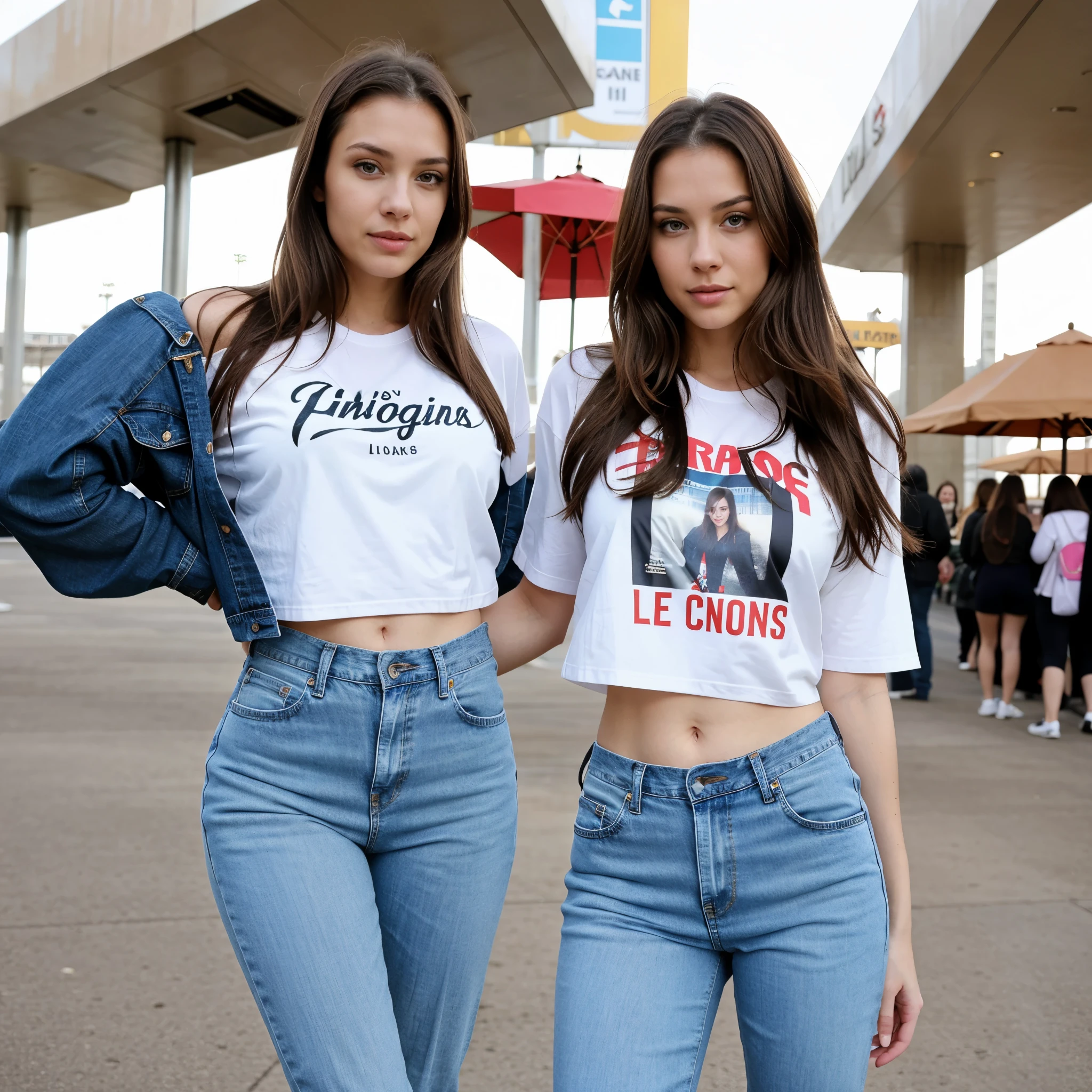 A 29 years old young woman (1 woman in photo) , brunette hair long , beautiful , model , slim body fit , striking captured vibrant eyes , happy , she is in las vegas , december month , winter , portrait , fullbody , realistic photo , dynamic , 4k , high resolution , ultradetailed , hyper details , high quality , she wears jean pants and a t shirt , looks sexy , photo realistic , portrait , raw photo , emulated canon mark iii photography