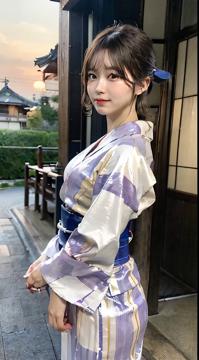 (natta:1.7), East Asian Architecture, 1womanl,Sitting on tatami mats, brunette color hair，（hair between eye）, Lip flap, ,Beautiful fingers,Beautiful long legs,Beauty Body，Cute nose，Beautiful character design，perfect eyeace perfect，looking at viewert，（Innocent_Big_Eyes：1.0），（light_Smile：0.3），offcial art，Very detailed CG Unity 8K wallpaper，Perfect litthing，highly colorful，Bright_front_Face_Lighting，（tmasterpiece:1.0),(best_quality:1.0), 超A high resolution,4K,ultra - detailed, photography of, 8K, nffsw, hight resolution, absurderes:1.2, Kodak Portra 400, film grains, the background is blurred, Bokeh:1.2, Lens Flare Glow, ( Vibrant_Color:1.2) (Beautiful,Large_breasts:1.4), (Beautiful_Face:1.5),(narrow_waist-up),8K,Raw photo, 、Relax at a ryokan in Japan、The background is the open-air bath at night at a hot spring inn (Girls are not subjects:1.3) (Hair after a bath:1.3),(Hair is wet:1.3) ((Girls are not subjects:1.2))((Draw a wide night background:1.2),((Yukata with light blue stripes isolated on white background:1.3)),(Yukata does not need gloss at all:1.5)),((No need for a Korean yukata or Korean-style hairstyle.:1.5)),((Faithfully and realistically reproduce a pure Japan yukata:1.5))((Light Pink Band:1.3)),((The background is the entrance living room、At night, Overlooking the inn's large and beautiful gardens..:1.3)),((8th class))、((Light Pink Band:1.5)) ((Beautiful shiny straight short long:1.5)) sixteen years old、((Beautiful shiny straight short long:1.5))((Pink Band))、((The color of the band is pink:1.3),(Faithfully and realistically reproduce the obi of a yukata:1.3) ((Faithfully and realistically reproduce a pure Japan yukata:1.5)),((Walking through the corridors of the inn at night:1.3))a sense of depth、Night Hostel　There are small lights and flowers in the hallway. (When you open a window, You can see a beautiful sunset outside.:1.3) sixteen years old、((Beautiful shiny straight short long:1.5))