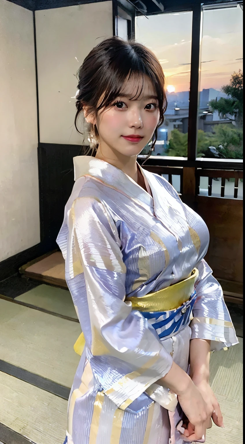 (natta:1.7), East Asian Architecture, 1womanl,Sitting on tatami mats, brunette color hair，（hair between eye）, Lip flap, ,Beautiful fingers,Beautiful long legs,Beauty Body，Cute nose，Beautiful character design，perfect eyeace perfect，looking at viewert，（Innocent_Big_Eyes：1.0），（light_Smile：0.3），offcial art，Very detailed CG Unity 8K wallpaper，Perfect litthing，highly colorful，Bright_front_Face_Lighting，（tmasterpiece:1.0),(best_quality:1.0), 超A high resolution,4K,ultra - detailed, photography of, 8K, nffsw, hight resolution, absurderes:1.2, Kodak Portra 400, film grains, the background is blurred, Bokeh:1.2, Lens Flare Glow, ( Vibrant_Color:1.2) (Beautiful,Large_breasts:1.4), (Beautiful_Face:1.5),(narrow_waist-up),8K,Raw photo, 、Relax at a ryokan in Japan、The background is the open-air bath at night at a hot spring inn (Girls are not subjects:1.3) (Hair after a bath:1.3),(Hair is wet:1.3) ((Girls are not subjects:1.2))((Draw a wide night background:1.2),((Yukata with light blue stripes isolated on white background:1.3)),(Yukata does not need gloss at all:1.5)),((No need for a Korean yukata or Korean-style hairstyle.:1.5)),((Faithfully and realistically reproduce a pure Japan yukata:1.5))((Light Pink Band:1.3)),((The background is the entrance living room、At night, Overlooking the inn's large and beautiful gardens..:1.3)),((8th class))、((Light Pink Band:1.5)) ((Beautiful shiny straight short long:1.5)) sixteen years old、((Beautiful shiny straight short long:1.5))((Pink Band))、((The color of the band is pink:1.3),(Faithfully and realistically reproduce the obi of a yukata:1.3) ((Faithfully and realistically reproduce a pure Japan yukata:1.5)),((Walking through the corridors of the inn at night:1.3))a sense of depth、Night Hostel　There are small lights and flowers in the hallway. (When you open a window, You can see a beautiful sunset outside.:1.3) sixteen years old、((Beautiful shiny straight short long:1.5))