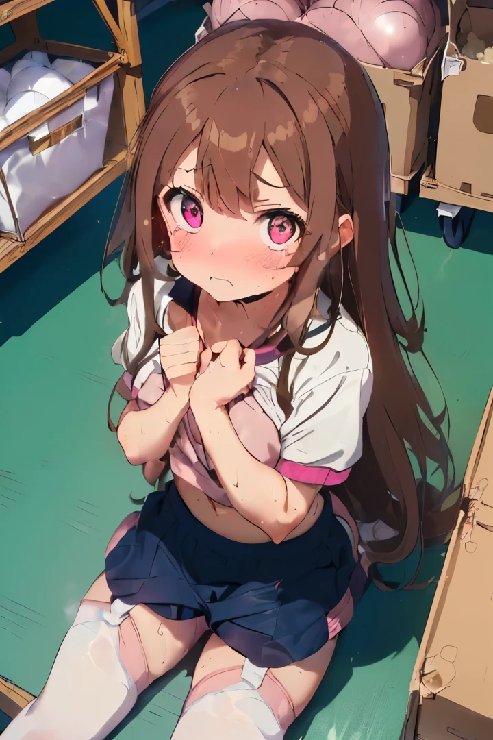 (ligh brown hair:1.7),((Long curled hair)),((With bangs)),(Light pink eyes:1.5),(School gym clothes),(Bloomers in gym clothes:1.5),(The colors of the gym clothes are navy and white:1.5),(Usamimi:1.7),(In the warehouse of the gymnasium),(Vaulting boxes, balls and carts are scattered:1.35),(sitting on the mat and looking up),Slight red tide,(His face turns red with embarrassment),(Anxious face),((Teary-eyed)),(Sweaty skin:1.2),The room is full of steam,(The dim:1.65),(Perspective from above:1.5),(Sister sitting:1.5),