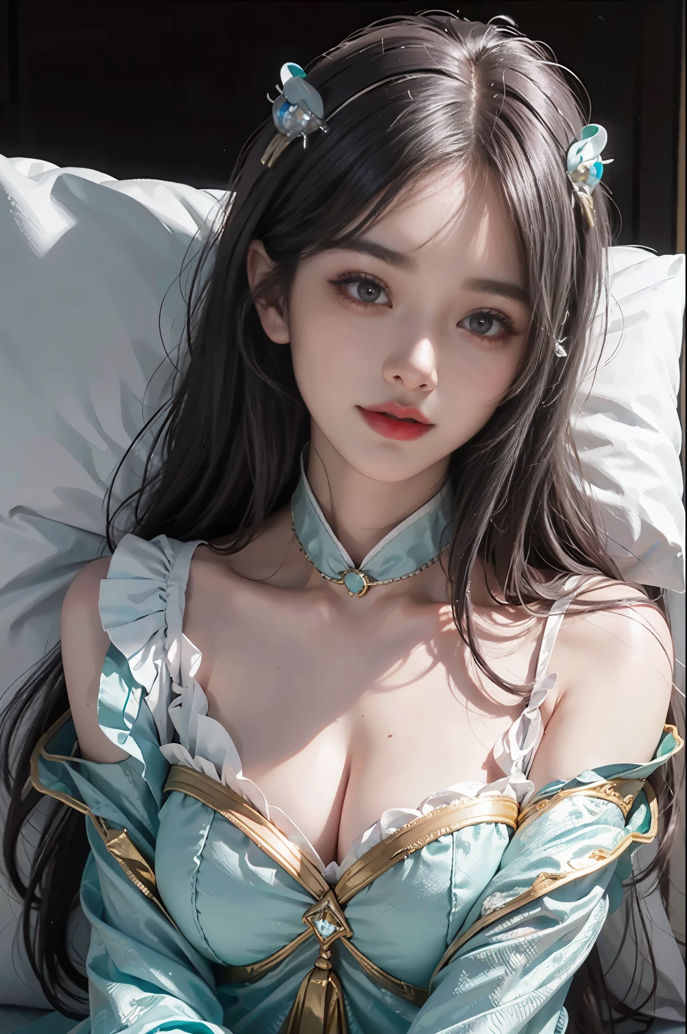 Nikon RAW photo, Big breasts, cleavage, 8k, Fujifilm XT3, masterpiece,  realistic, photorealistic, (lying in bed), (sheets), (lying on pillow), (giggle: 1.1), best quality, (detailed facial features), (eyelashes: 1.1), (depth of field: 1.1), (chromatic aberration: 1.1), (caustics: 1.1), goddess