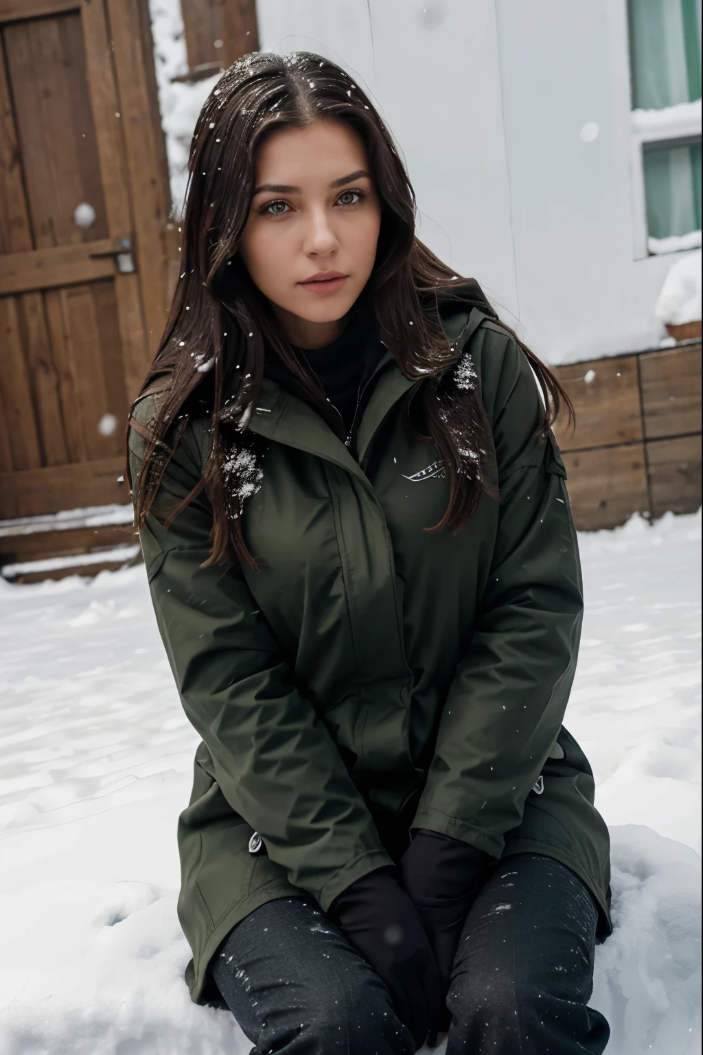 una mujer rusa europea, ojos verdosos, cabello negro con mechas verdes, usando ropa de abrigo, He's sitting in the snow.