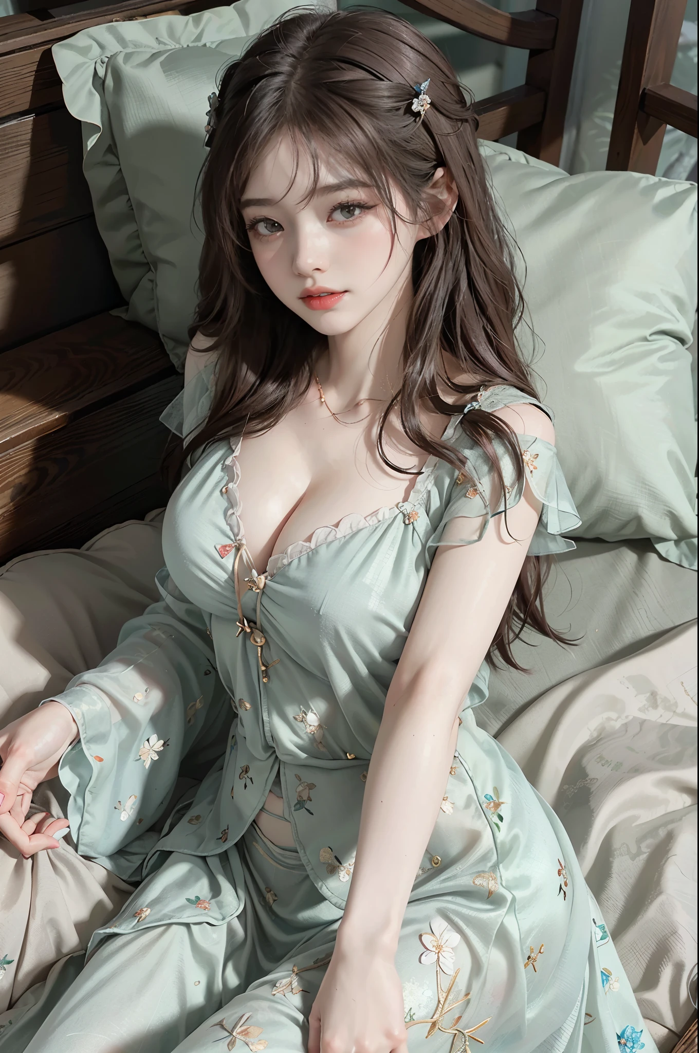 summer4, Nikon RAW photo, Big breasts, cleavage, 8k, Fujifilm XT3, masterpiece,  realistic, photorealistic, (lying in bed), (sheets), (lying on pillow), (giggle: 1.1), best quality, (detailed facial features), (eyelashes: 1.1), (depth of field: 1.1), (chromatic aberration: 1.1), (caustics: 1.1), goddess