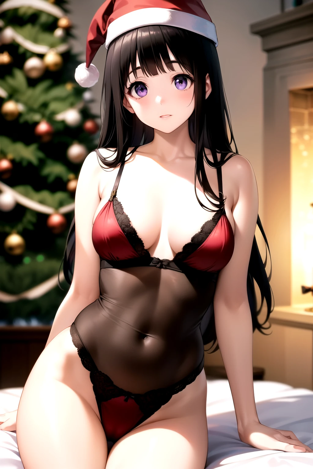 (A superb exquisite Chitanda Eru), (mature face), purple eyes, long black hair, natural straight hair, straight bangs, solo, [Small_breasts: large_breasts: 0.5], normal breasts, (santa hat, christmas tree, red lingerie), extremely delicate, peerless beautiful girl, dreamy quality, exaggerated facial features, solid color, delicate face, bright lips, slender waist, soft curves, real light and shadow, super fine, 8K HD, (masterpiece:1.4), (finely detailed beautiful eyes: 1.2)