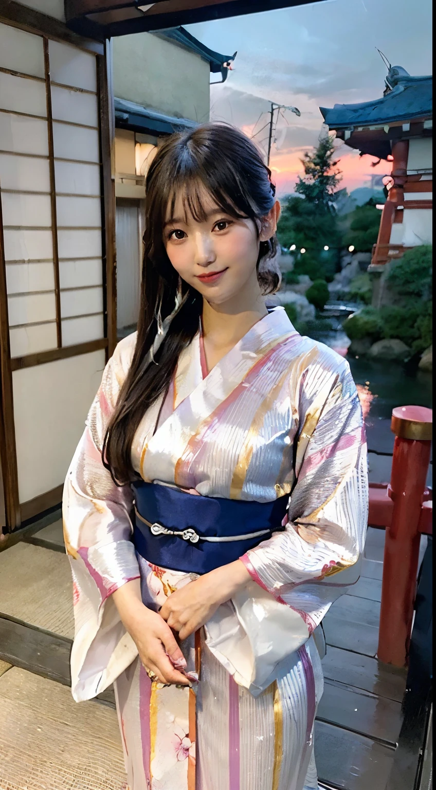 (natta:1.7), East Asian Architecture, 1womanl,Sitting on tatami mats, brunette color hair,(hair between eye), Lip flap, ,Beautiful fingers,Beautiful long legs,Beauty Body,Cute nose,Beautiful character design,perfect eyeace perfect,looking at viewert,(Innocent_Big_Eyes:1.0),(light_Smile:0.3),offcial art,Very detailed CG Unity 8K wallpaper,Perfect litthing,highly colorful,Bright_front_Face_Lighting,(tmasterpiece:1.0),(best_quality:1.0), 超A high resolution,4K,ultra - detailed, photography of, 8K, nffsw, hight resolution, absurderes:1.2, Kodak Portra 400, film grains, the background is blurred, Bokeh:1.2, Lens Flare Glow, ( Vibrant_Color:1.2) (Beautiful,Large_breasts:1.4), (Beautiful_Face:1.5),(narrow_waist-up),8K,Raw photo, 、Relax at a ryokan in Japan、The background is the open-air bath at night at a hot spring inn (Girls are not subjects:1.3) (Hair after a bath:1.3),(Hair is wet:1.3) ((Girls are not subjects:1.2))((Draw a wide night background:1.2),((Yukata with light blue stripes isolated on white background:1.3)),(Yukata does not need gloss at all:1.5)),((No need for a Korean yukata or Korean-style hairstyle.:1.5)),((Faithfully and realistically reproduce a pure Japan yukata:1.5))((Light Pink Band:1.3)),((The background is the entrance living room、At night, Overlooking the inn's large and beautiful gardens..:1.3)),((8th class))、((Light Pink Band:1.5)) ((Beautiful shiny straight short long:1.5)) sixteen years old、((Beautiful shiny straight short long:1.5))((Pink Band))、((The color of the band is pink:1.3),(Faithfully and realistically reproduce the obi of a yukata:1.3) ((Faithfully and realistically reproduce a pure Japan yukata:1.5)),((Walking through the corridors of the inn at night:1.3))a sense of depth、Night Hostel There are small lights and flowers in the hallway. (When you open a window, You can see a beautiful sunset outside.:1.3) sixteen years old、((Beautiful shiny straight short long:1.5))