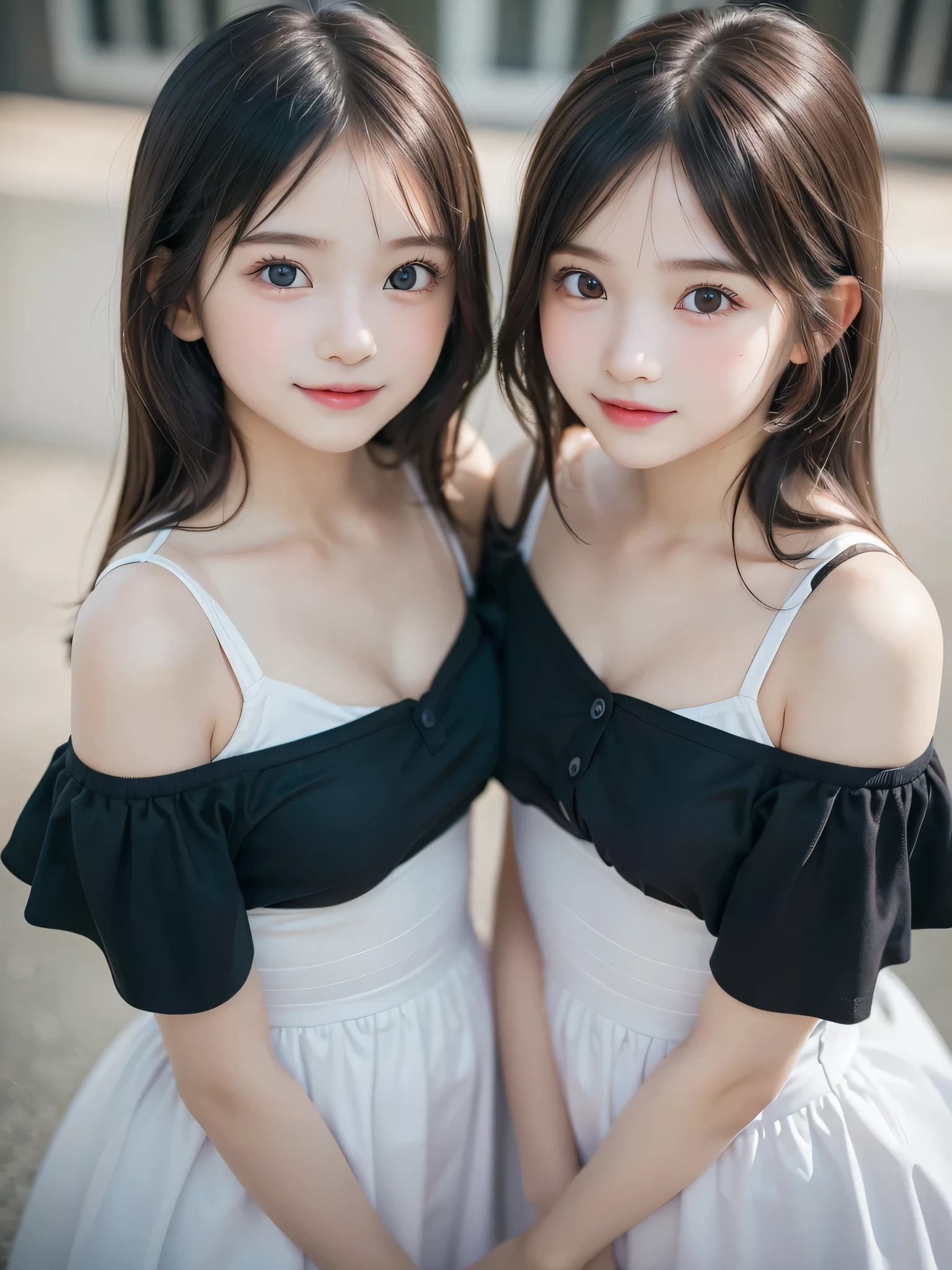 ((2 Little Girls:1.3)), (Ultra Realistic, hight resolution), (Highly detailed eyes, Highly detailed hair, Highly detailed face, Highly detailed plump lips), (off shoulder with open breasts), breasts, Upper body, Search Smile, (Best Quality:1.4), Raw photo, (Realistic, photo-Realistic:1.37), Professional Photography, Cinematic Light, (Fine face: 1.2), (View from above),