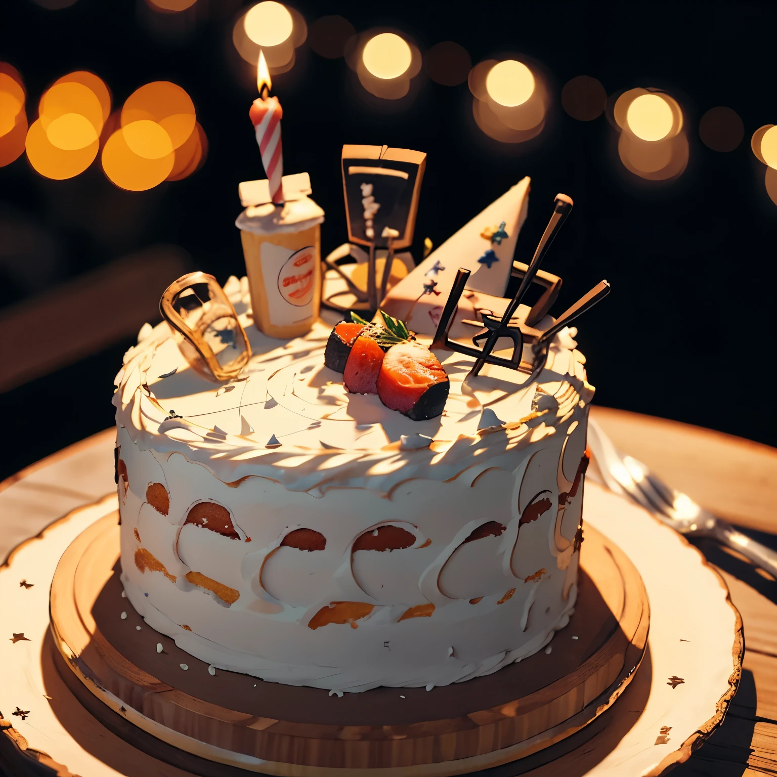 birthday、a cake、celebration、alcohol、up close shot, micro photography, depth of fields, Ray tracing, Fujicolor, Anime, Bokeh, nffsw, masutepiece, Super Detail, hight resolution, Best Quality