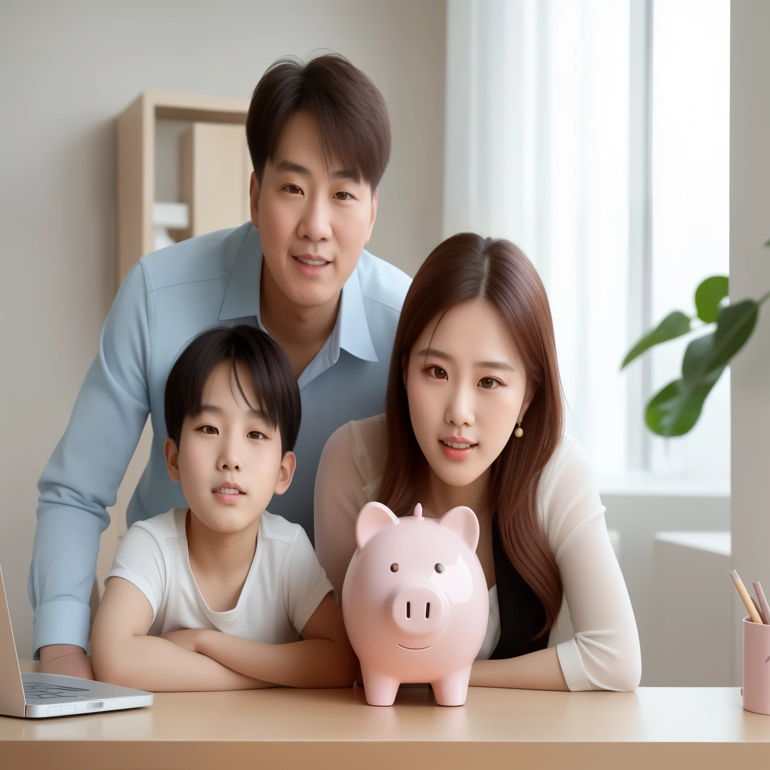 there is a man、A woman and a child with a piggy bank, husband wife and , happy famiglia, portrait of famiglia of three, Fatherly broad forehead, famiglia, advertising photograph, beginner, advertisement picture, famiglia photo, famiglia portrait, close up photograph, photo, Shot with Canon eos r 5, Shot with a Canon EOS R5, yanjun chengt