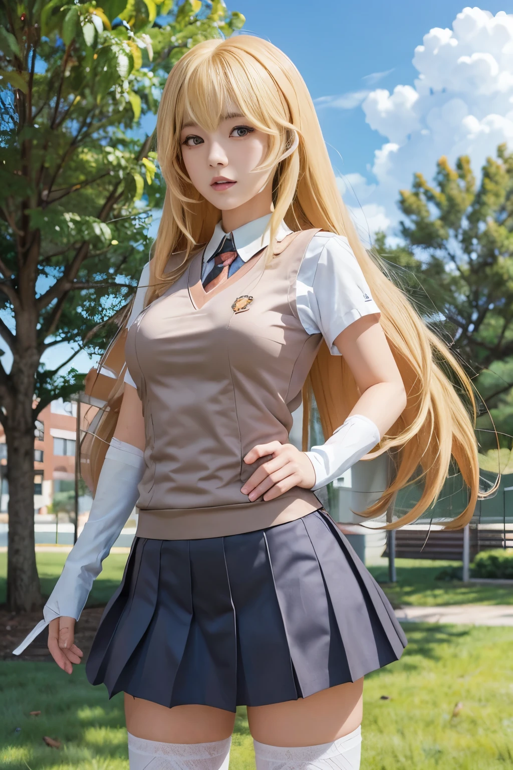 anime girl in a short skirt and top posing for a picture, blonde anime girl with long hair, beautiful anime high school girl, smooth anime cg art, marin kitagawa fanart, anime visual of a cute girl, cushart krenz key art feminine, a hyperrealistic schoolgirl, realistic schoolgirl, anime girl with long hair, high detailed official artwork，Bee-eater prayer，Long blonde hair，long whitr hair，金黄有光泽度long whitr hair，JK school uniform