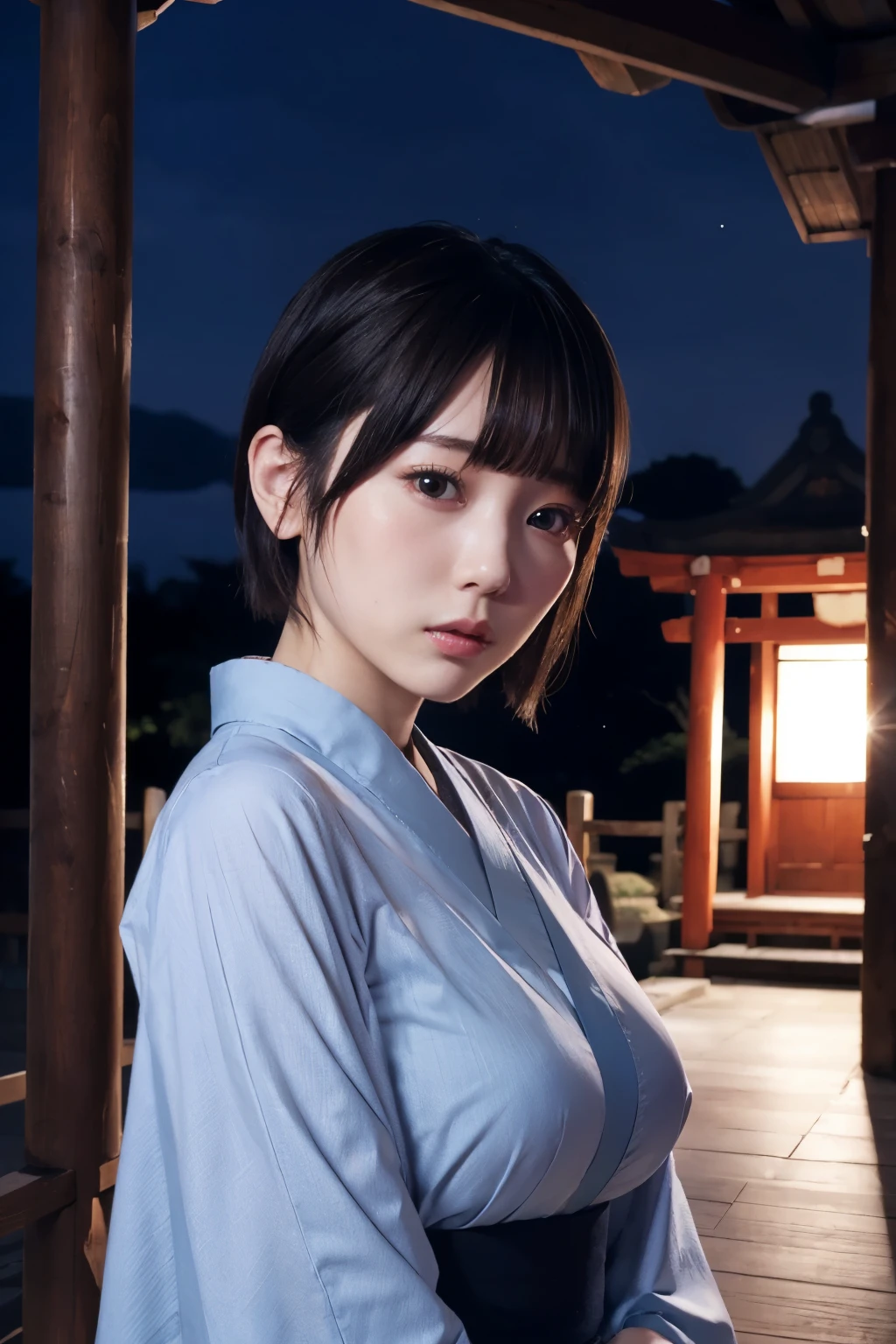 one woman,blue kimono,stoop down,large breasts,cute face,big eyes,cool face,short hair,looking at viewer,outdoor,night,shinto shrine,masterpiece, extremely fine and beautiful,photorealistic,Japanese