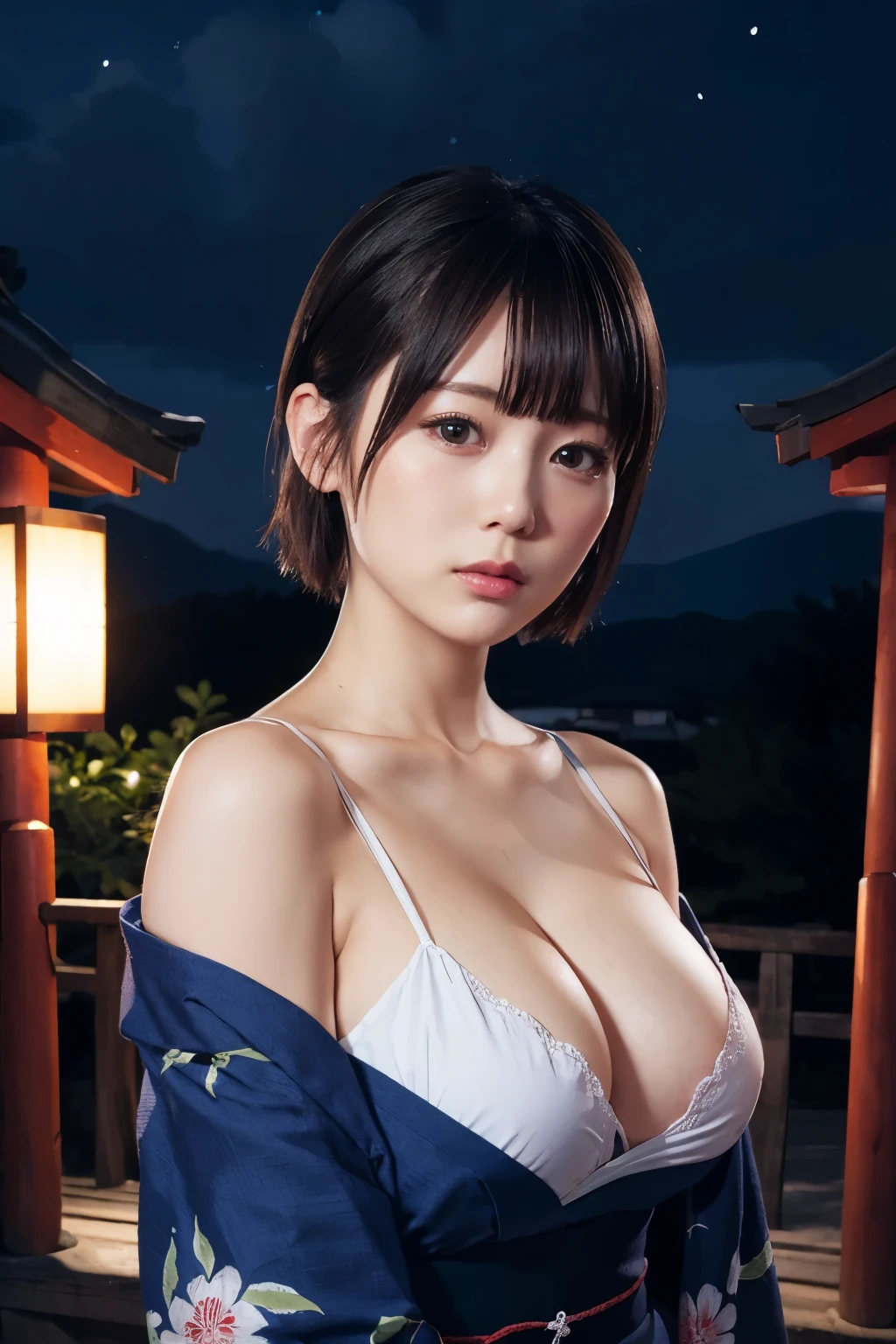 one woman,blue kimono,stoop down,large breasts,cute face,big eyes,cool face,short hair,looking at viewer,outdoor,night,shinto shrine,masterpiece, extremely fine and beautiful,photorealistic,Japanese