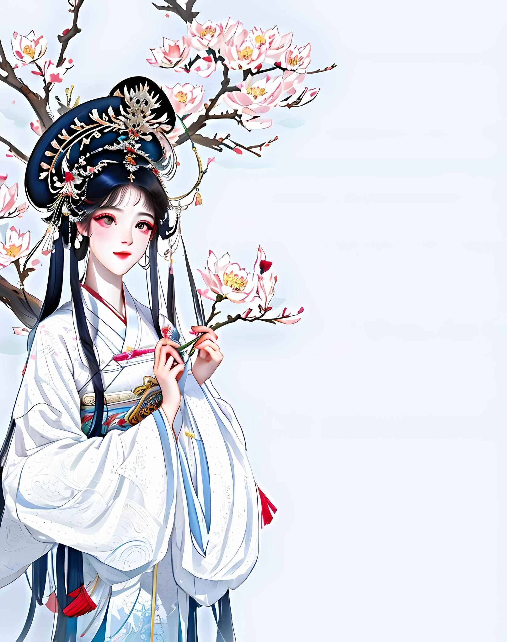 Dressed in traditional Chinese clothing、Husband is holding a fan, ancient China Princess, beautiful digital illustration, ancient chinese beauti, chinese empress, A beautiful artistic illustration, onmyoji detailed art, an ancient Chinese goddess, China Princess, 宮 ， A girl in Hanfu, beautiful fantasy empress, Belle peinture de personnage, chinese fantasy, white hanfu, Beautiful digital artwork