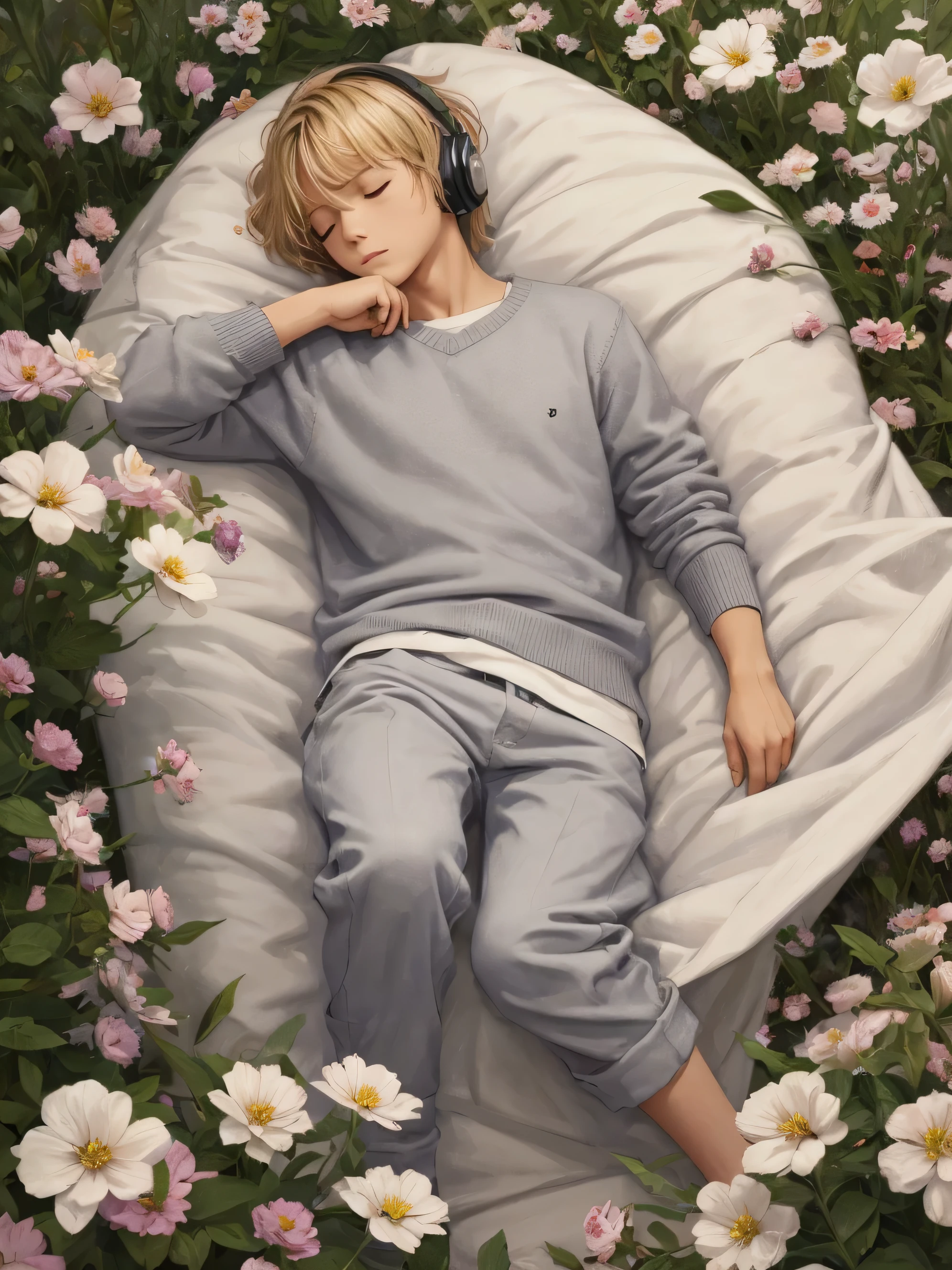 (esthetic style), 1boy, beautiful teenage boy, blond hair, wearing a grey sweater, sleeping on a white hammock, photo taken from above, oil painting, modern, realistic proportions, intricate, intricate details, sharp focus, vast flowers,  listening to music, flower background, 8K, UHD