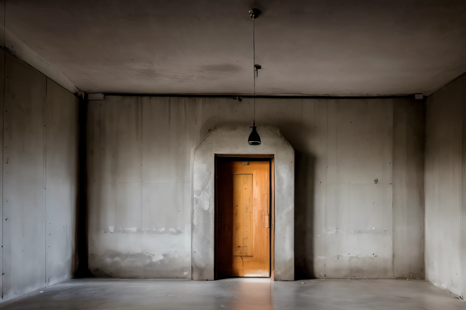 (masutepiece, High resolution, Photorealsitic:1.3), spot light, Cast a shadow, (old photo effects:1.2), dust particles in air, Cold atmosphere, The dim, melancholic, Concrete walls、door made of wood、no windows room、No light coming in from outside