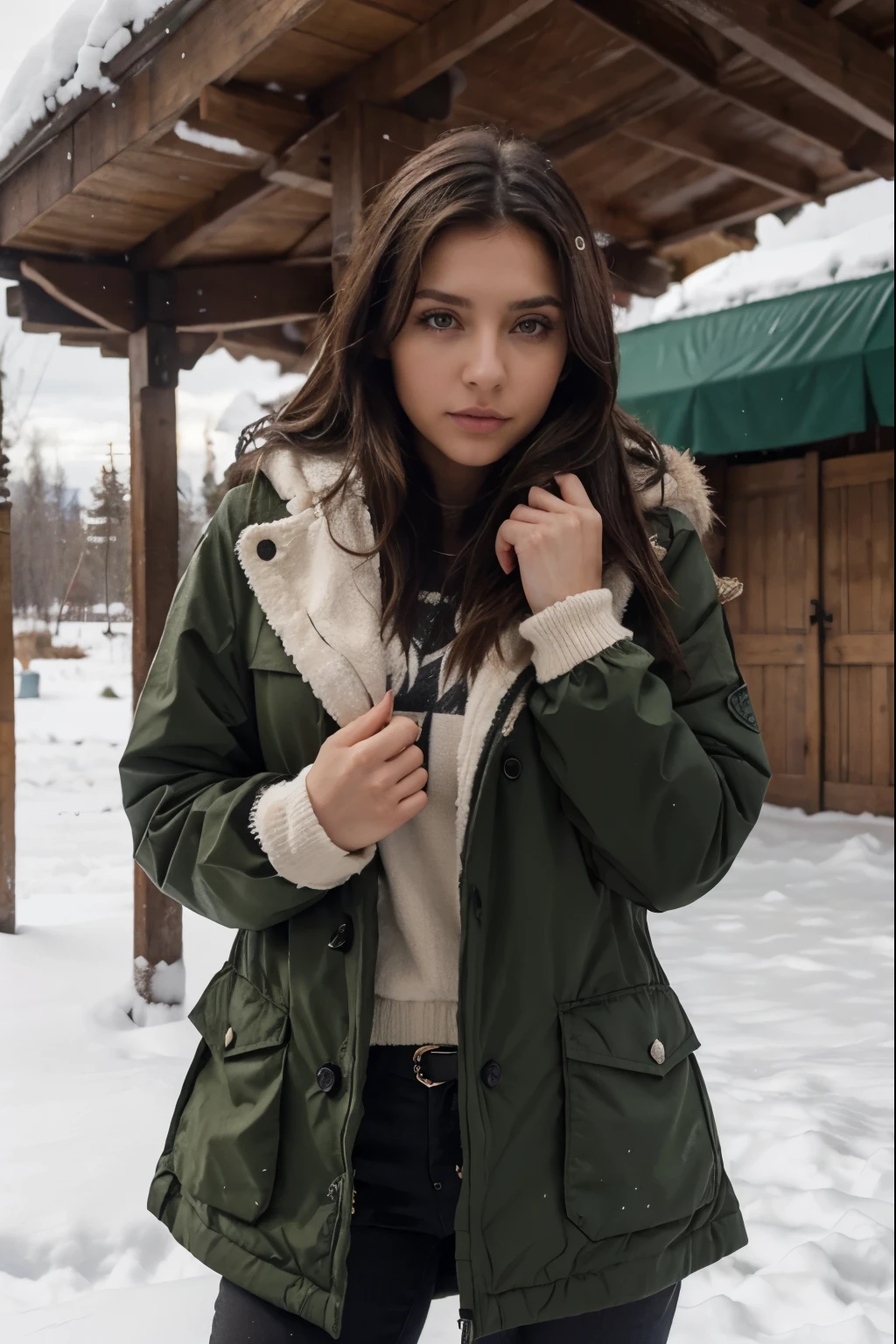 una mujer rusa europea, ojos verdosos, cabello negro con tonos verdes, usando ropa de abrigo, de pie bajo la nieve, cuerpo entero