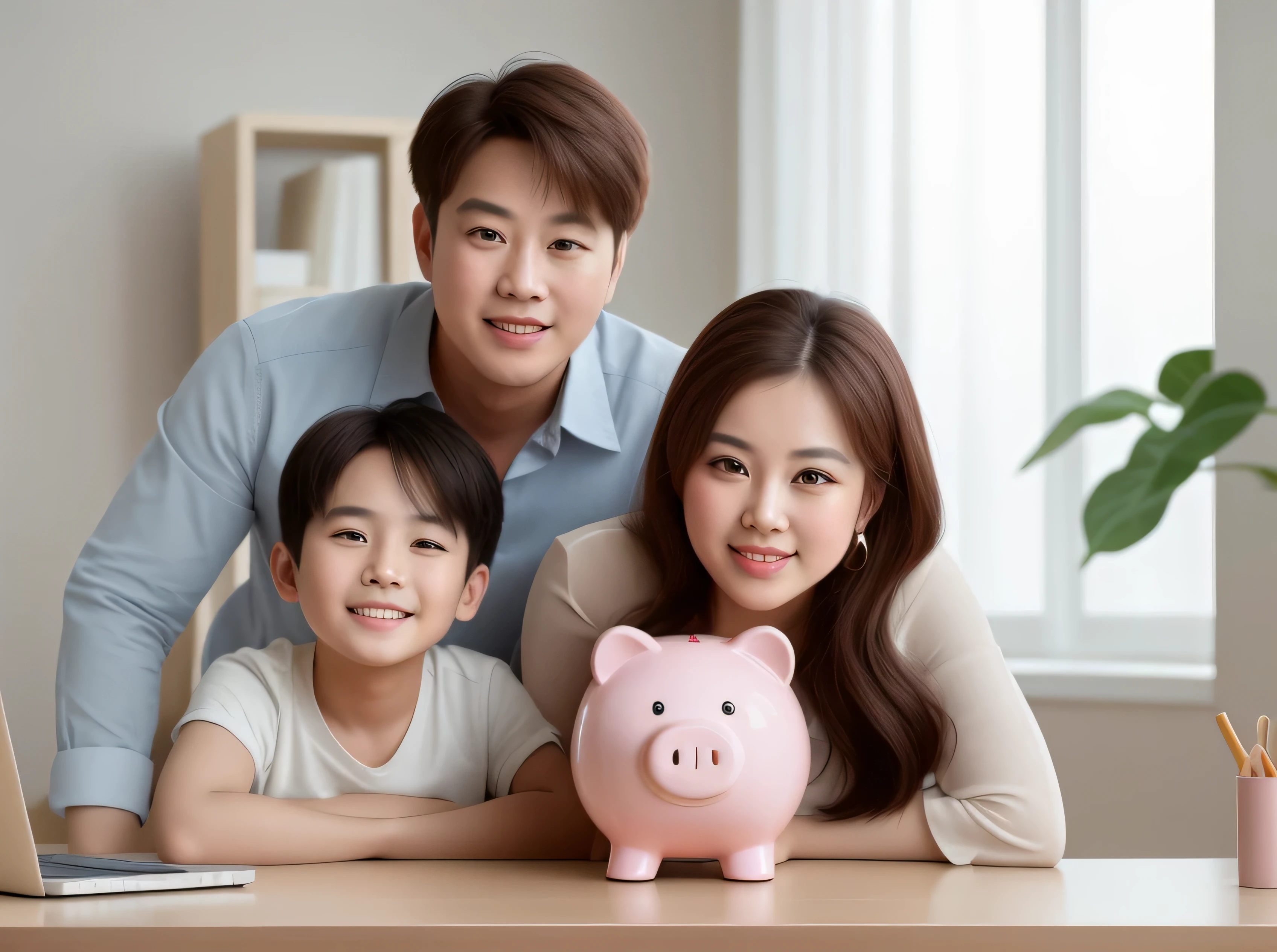 there iS a man、A woman and a  with a piggy bank, huSband wife and , happy famiglia, portrait of famiglia of three, A forehead aS broad aS a father&#39;S, famiglia, advertiSing photoregraph, beginner, advertiSement picture, famiglia photore, famiglia portrait, cloSe up photoregraph, photore, Shot with Canon eoS r 5, Shot with Canon EOS R5, yanjun chengt