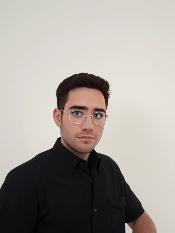 A man of 30 years old, with short brown hair,diamond face, strict look, and brown eyes, wearing white white shirt with necktie and glasses.