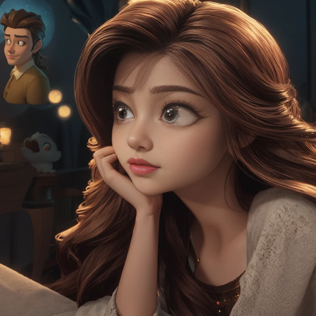 a cartoon girl with long hair and a thought bubble above her head, animated film, animated movie, in style of disney animation, 3 d animated movie, animation film, diseny animation style, photorealistic disney, handsome girl, animated movie still, unreal engine ; romantic theme, profile pic, movie promotional image, animated movie scene, she has a distant expression