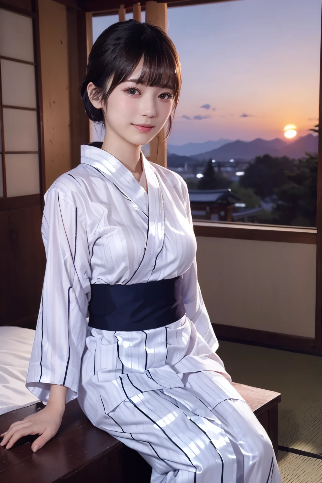 (natta:1.7), East Asian Architecture, 1womanl,Sitting on tatami mats, brunette color hair，（hair between eye）, Lip flap, ,Beautiful fingers,Beautiful long legs,Beauty Body，Cute nose，Beautiful character design，perfect eyeace perfect，looking at viewert，（Innocent_Big_Eyes：1.0），（light_Smile：0.3），offcial art，Very detailed CG Unity 8K wallpaper，Perfect litthing，highly colorful，Bright_front_Face_Lighting，（tmasterpiece:1.0),(best_quality:1.0), 超A high resolution,4K,ultra - detailed, photography of, 8K, nffsw, hight resolution, absurderes:1.2, Kodak Portra 400, film grains, the background is blurred, Bokeh:1.2, Lens Flare Glow, ( Vibrant_Color:1.2) (Beautiful,Large_breasts:1.4), (Beautiful_Face:1.5),(narrow_waist-up),8K,Raw photo, 、Relax at a ryokan in Japan、The background is the open-air bath at night at a hot spring inn (Girls are not subjects:1.3) (Hair after a bath:1.3),(Hair is wet:1.3) ((Girls are not subjects:1.2))((Draw a wide night background:1.2),((Yukata with light blue stripes isolated on white background:1.3)),(Yukata does not need gloss at all:1.5)),((No need for a Korean yukata or Korean-style hairstyle.:1.5)),((Faithfully and realistically reproduce a pure Japan yukata:1.5))((Light Pink Band:1.3)),((The background is the entrance living room、At night, Overlooking the inn's large and beautiful gardens..:1.3)),((8th class))、((Light Pink Band:1.5)) ((Beautiful shiny straight short long:1.5)) sixteen years old、((Beautiful shiny straight short long:1.5))((Pink Band))、((The color of the band is pink:1.3),(Faithfully and realistically reproduce the obi of a yukata:1.3) ((Faithfully and realistically reproduce a pure Japan yukata:1.5)),((Walking through the corridors of the inn at night:1.3))a sense of depth、Night Hostel　There are small lights and flowers in the hallway. (When you open a window, You can see a beautiful sunset outside.:1.3) sixteen years old、((Beautiful shiny straight short long:1.5))