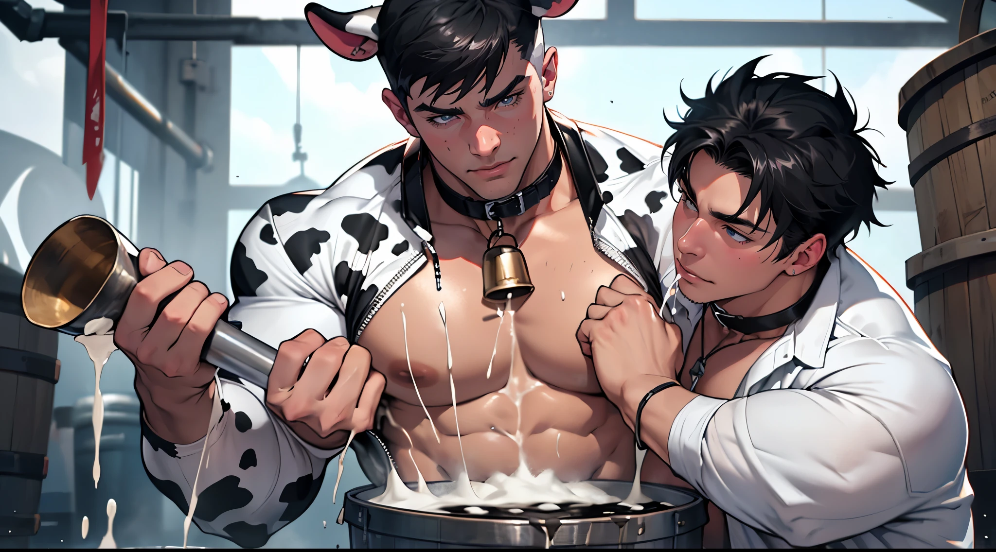 ((2 men)), 20 years old man ,vivid colors, realistic, (black and white cow costume), hyper penis, hyper pecs, ejaculation, hyper cum, milking, farm background, hyper balls, cowbell choker, cum bucket