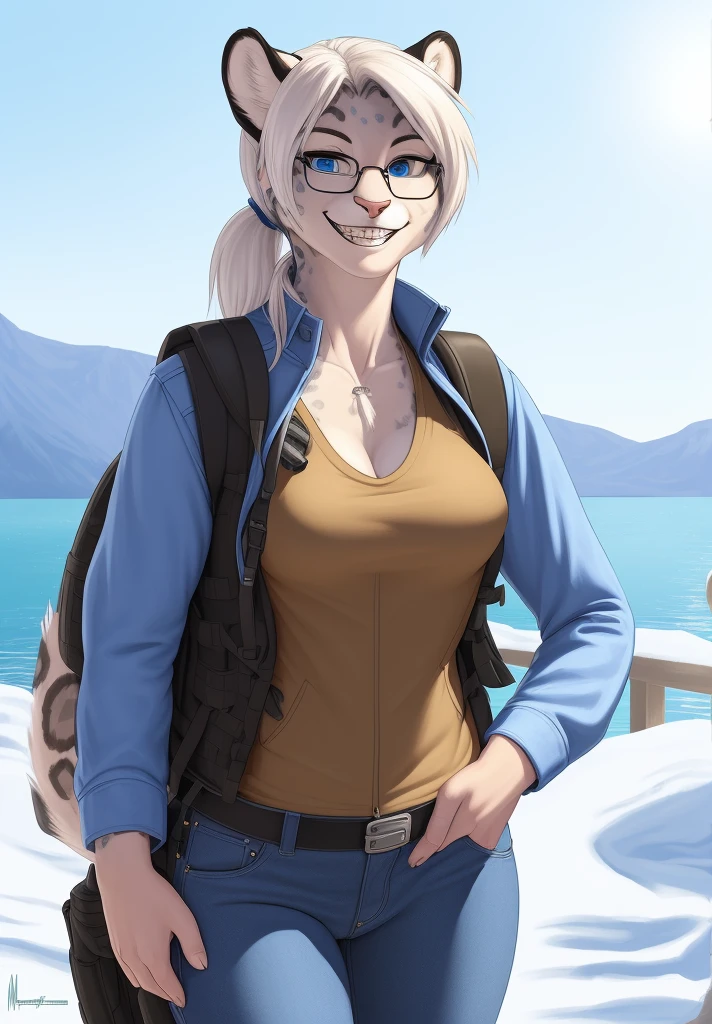 by meesh, (best quality, masterpiece:1), solo, anthro, furry, female, ((Snow Leopard)), blue eyes, white hair, shaggy long hair, ponytail, portrait, fingers, finger claws, looking at viewer, snow leopard tail, ((large tuft of hair on the chest)), ((denim jeans)), ((jacket)), ((shirt)), ((fully clothed)), ((medium breasts)), ((tactical vest)), ((backpack)), ((nerd)), glasses, braces, smiling, ((1woman)), ((posing for photo)), lake area