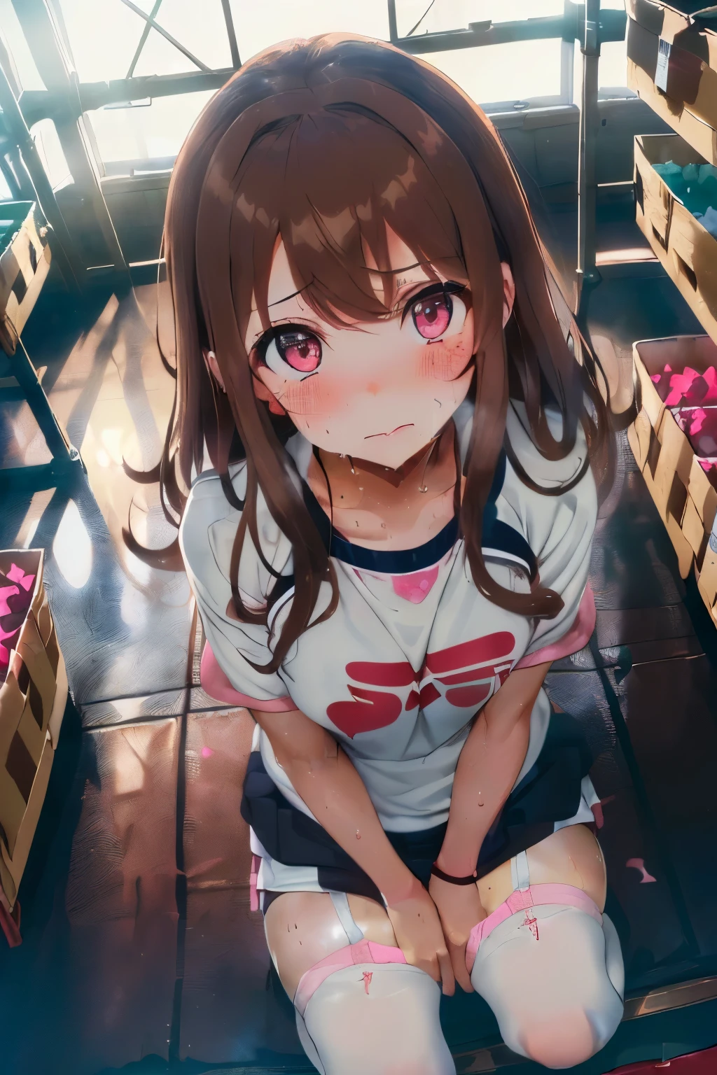 (ligh brown hair:1.7),((Long curled hair)),((With bangs)),(Light pink eyes:1.35),(School gym clothes),(Bloomers in gym clothes:1.5),(The colors of the gym clothes are navy and white:1.5),(Usamimi:1.7),(In the warehouse of the gymnasium),(Vaulting boxes, balls and carts are scattered:1.35),(Sitting on a white exercise mat and looking up),Slight red tide,(His face turns red with embarrassment),(Teary-eyed),(Sweaty skin:1.2),The room is full of steam,(Dark indoor:1.8),(Perspective from above:1.5),(Sister sitting:1.5),(close up of face:1.35),