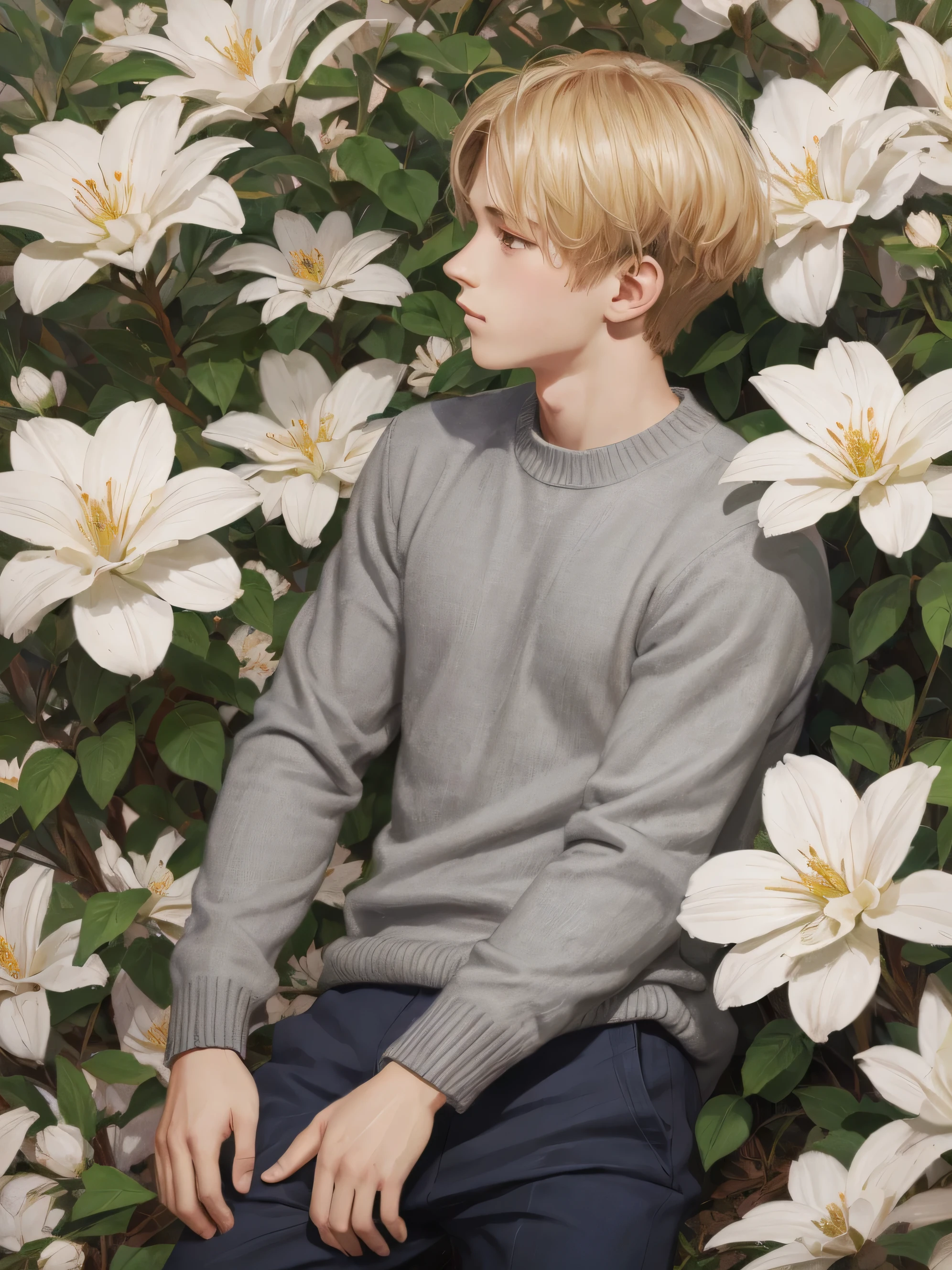 (esthetic style), 1boy, beautiful teenage boy, blond hair, wearing a grey sweater, Gray long pant, laying on a tree, side view portrait, oil painting, modern, realistic proportions, intricate, intricate details, sharp focus, vast flowers,  listening to music, small flowers background, 8K, UHD
