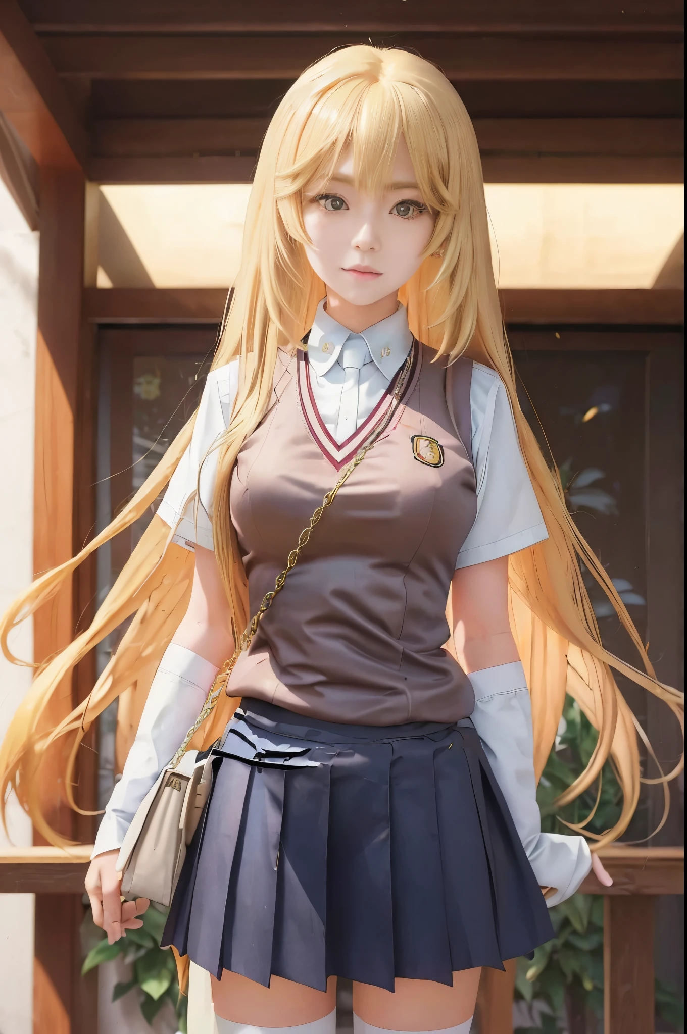 anime girl with long blonde hair and school uniform posing for picture, anime visual of a cute girl, beautiful anime high school girl, a hyperrealistic schoolgirl, blonde anime girl with long hair, realistic schoolgirl, anime moe artstyle, smooth anime cg art, marin kitagawa fanart, hyperrealistic schoolgirl, young anime girl, anime girl with long hair,Bee-eater prayer,Long blonde hair,long whitr hair,Golden shiny long whitr hair,JK school uniform,Bee-eater prayer,Long blonde hair,long whitr hair,Golden shiny long whitr hair,JK school uniform,Gold chain crossbody leather bag,Bee-eater prayer,Long blonde hair,long whitr hair,金黄有光泽度long whitr hair,JK school uniform,Crossbody leather bag with gold chain