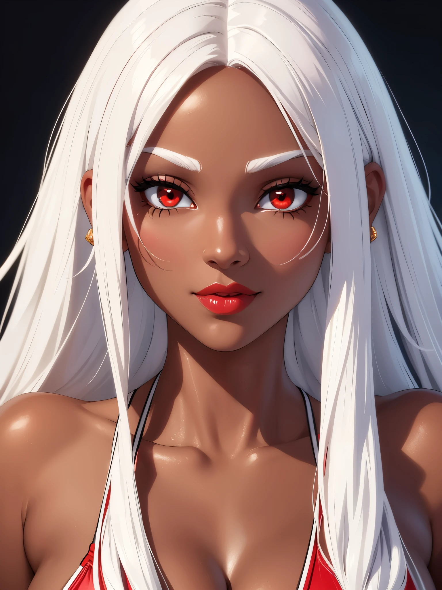 woman with white hair, Red Eyes, brown skin, Red Lipstick, is wearing a swimsuit. have a perfect face perfect shape Maximum details Sharp details 4k