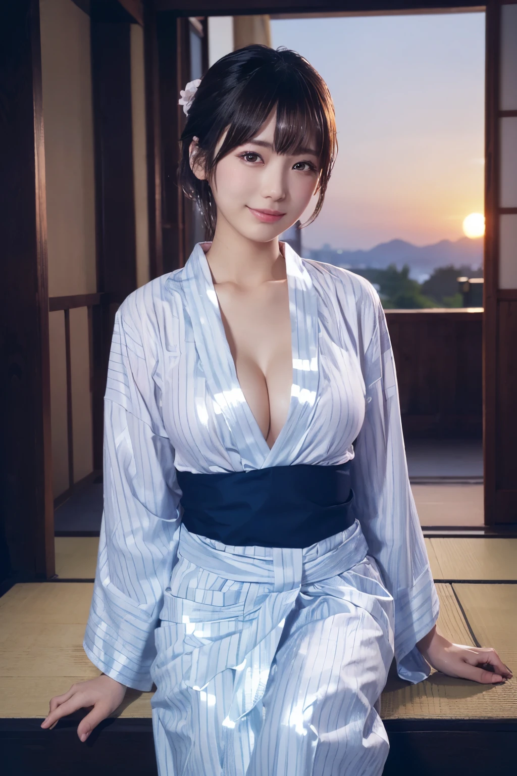 (natta:1.7), East Asian Architecture, 1womanl,Sitting on tatami mats, brunette color hair，（hair between eye）, Lip flap, ,Beautiful fingers,Beautiful long legs,Beauty Body，Cute nose，Beautiful character design，perfect eyeace perfect，looking at viewert，（Innocent_Big_Eyes：1.0），（light_Smile：0.3），offcial art，Very detailed CG Unity 8K wallpaper，Perfect litthing，highly colorful，Bright_front_Face_Lighting，（tmasterpiece:1.0),(best_quality:1.0), 超A high resolution,4K,ultra - detailed, photography of, 8K, nffsw, hight resolution, absurderes:1.2, Kodak Portra 400, film grains, the background is blurred, Bokeh:1.2, Lens Flare Glow, ( Vibrant_Color:1.2) (Beautiful,Large_breasts:1.4), (Beautiful_Face:1.5),(narrow_waist-up),8K,Raw photo, 、Relax at a ryokan in Japan、The background is the open-air bath at night at a hot spring inn (Girls are not subjects:1.3) (Hair after a bath:1.3),(Hair is wet:1.3) ((Girls are not subjects:1.2))((Draw a wide night background:1.2),((Yukata with light blue stripes isolated on white background:1.3)),(Yukata does not need gloss at all:1.5)),((No need for a Korean yukata or Korean-style hairstyle.:1.5)),((Faithfully and realistically reproduce a pure Japan yukata:1.5))((Light Pink Band:1.3)),((The background is the entrance living room、At night, Overlooking the inn's large and beautiful gardens..:1.3)),((8th class))、((Light Pink Band:1.5)) ((Beautiful shiny straight short long:1.5)) sixteen years old、((Beautiful shiny straight short long:1.5))((Pink Band))、((The color of the band is pink:1.3),(Faithfully and realistically reproduce the obi of a yukata:1.3) ((Faithfully and realistically reproduce a pure Japan yukata:1.5)),((Walking through the corridors of the inn at night:1.3))a sense of depth、Night Hostel　There are small lights and flowers in the hallway. (When you open a window, You can see a beautiful sunset outside.:1.3) sixteen years old、((Beautiful shiny straight short long:1.5))