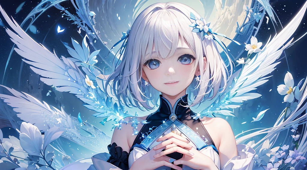 (top-qualy、Official art、aesthetics:1.2)、(1girl in:1.3)、(Fractal Art:1.3)、Detailed eyes、white hair、short-hair、Spread your wings wh both hands、embrace your heart、l give you a diamond heart、forget-me-not blue light、A guide to endless flowers blooming、No problem、side lights、A smile