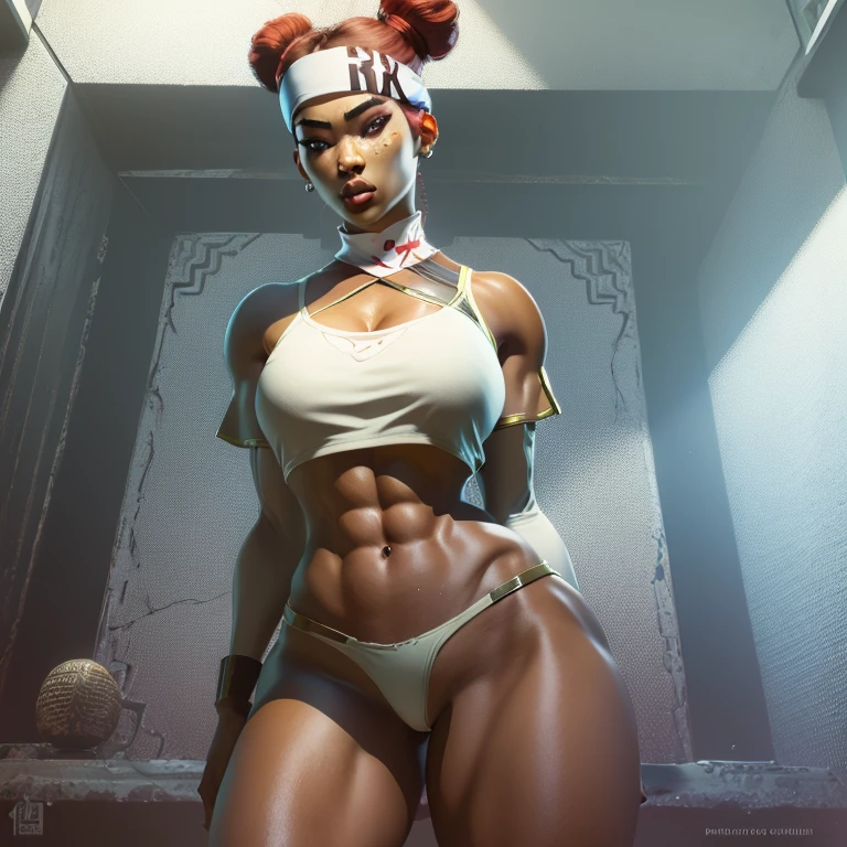 1girl, dark-skinned female, red hair, big breasts, brown eyes, asian face, double bun, facing viewer, abs, thic legs, open legs, cintura, lenceria deportiva, sports bra, you can see the shape of the nipple in the bra, panties, headband, collarbone, navel, standing, whole body, cleavage, cyberpunk, open hospital,(insanely detailed, beautiful detailed face,beautiful detailed eyes, masterpiece, best quality)