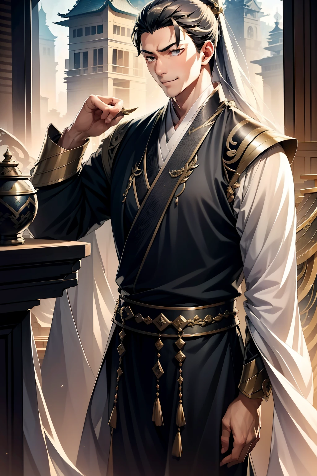 Handsome man，ssmile，Immortal，Small fresh meat，The background is the Heavenly Palace，palaces，（Gray hair flutterinan surrounded by halo），8K high-definition，More details about cultivating immortality
