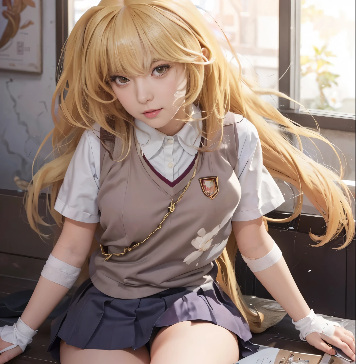 anime girl sitting on a bench with a book in her hand, blonde anime girl with long hair, beautiful anime high school girl, anime visual of a cute girl, anime best girl, a hyperrealistic schoolgirl, young anime girl, anime girl with long hair, realistic schoolgirl, an anime girl, attractive anime girl, anime moe artstyle, hyperrealistic schoolgirl，Bee-eater prayer，Long blonde hair，long whitr hair，金黄有光泽度long whitr hair，JK school uniform