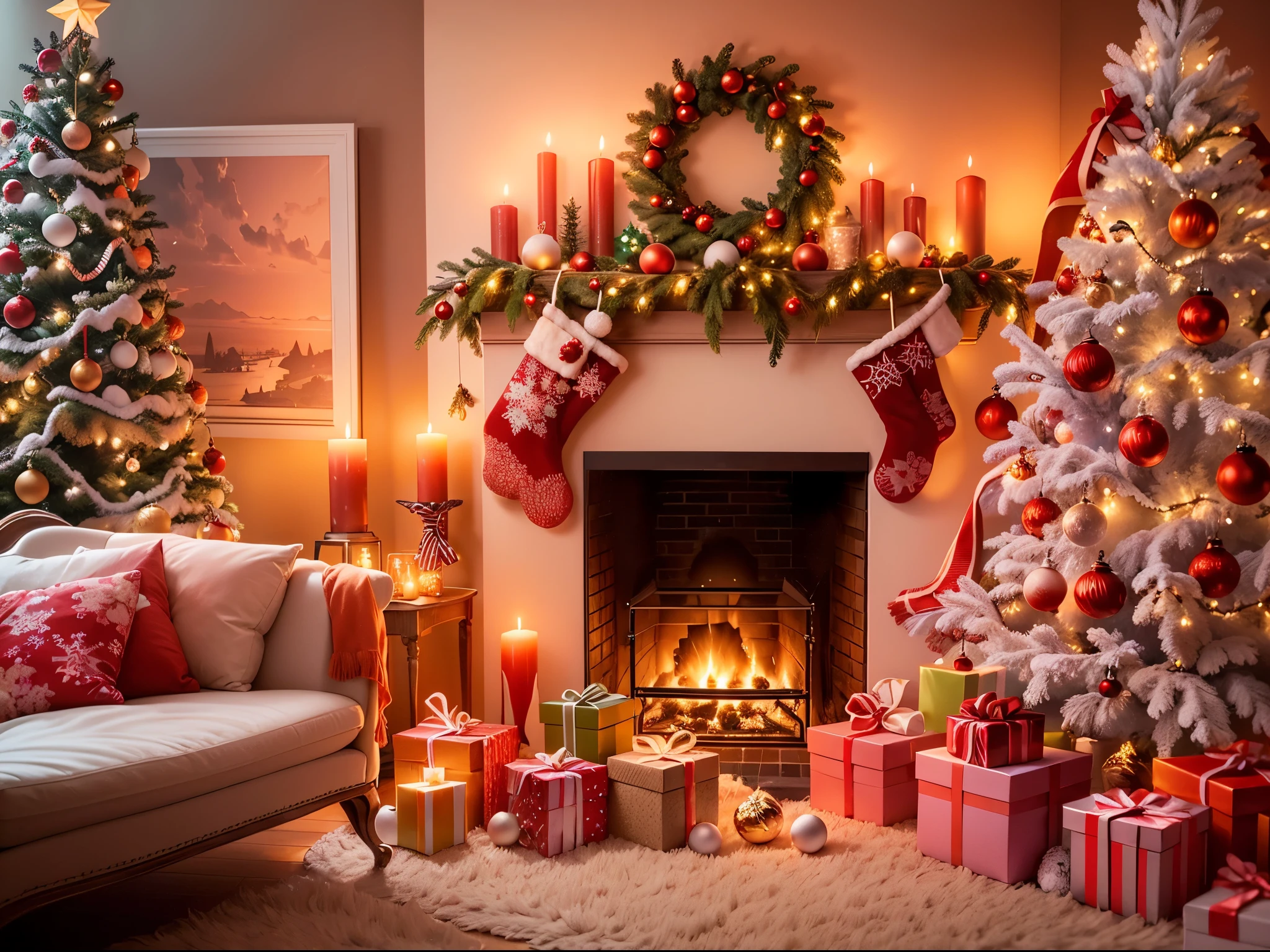 (best quality,highres), cozy home, festive Christmas atmosphere, warm lighting, beautifully decorated Christmas tree, sparkling ornaments, joyful family gathering, Christmas stockings hanging by the fireplace, flickering candles, peaceful ambiance, snowflakes falling outside