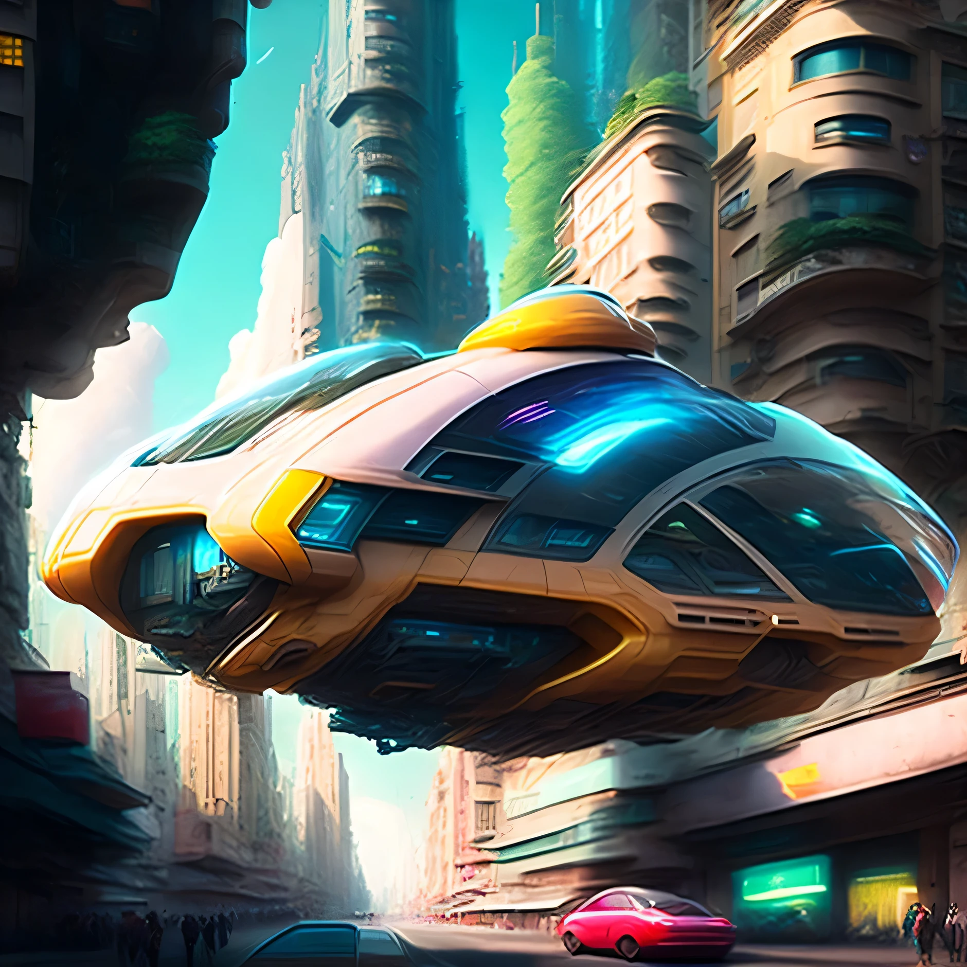 Hover Car in future metropolis, realistic, cinematic, cuberpunk, HOVERCAR STYLE, CAR, FLYING, AIR,CITY, STREET, THROUGH THE AIR, DRIVING, TALL, BUILDING, SCI - FI, CITYSCAPE