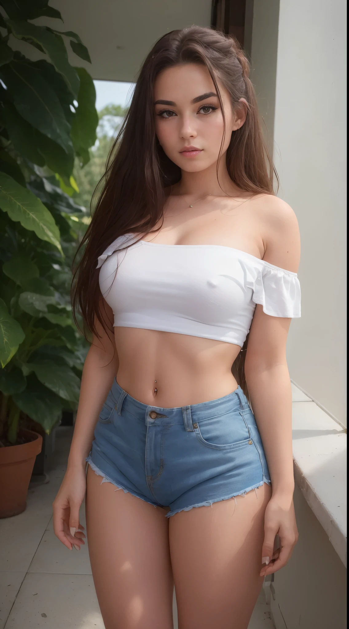 (best quality:1.4), (ultra highres:1.2), (8k, RAW photo:1.2), laurenalexis, 1girl, beautiful girl, shorts, off-shoulder mini hot shorts