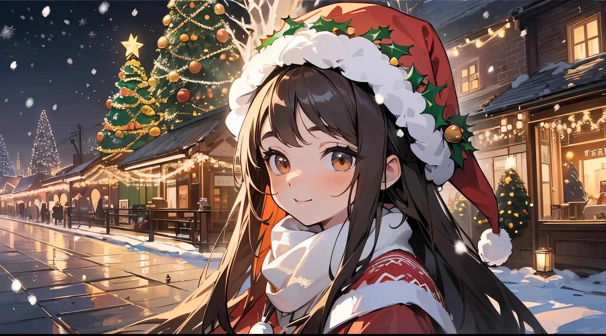 top-quality、Top image quality、​masterpiece、cute santa girl ((Santa's Hat、Beautiful brown eyes, bronze medium hair、dye one's cheeks red、White breath、The upper part of the body、dye one's cheeks red、A slight smil、Shining eyes)), hiquality、Beautiful Art、Background with((City of bright nights:1.3、(Christmas Lights:1.5), (Big Christmas Tree:1.2)、(illuminations:1.4), (((Snow Town))) )),soft clean focus, Elegant,Active Angle,Dynamism Pose, medium shot、Upper body、(hand on headwear:1.5)、Bright tones