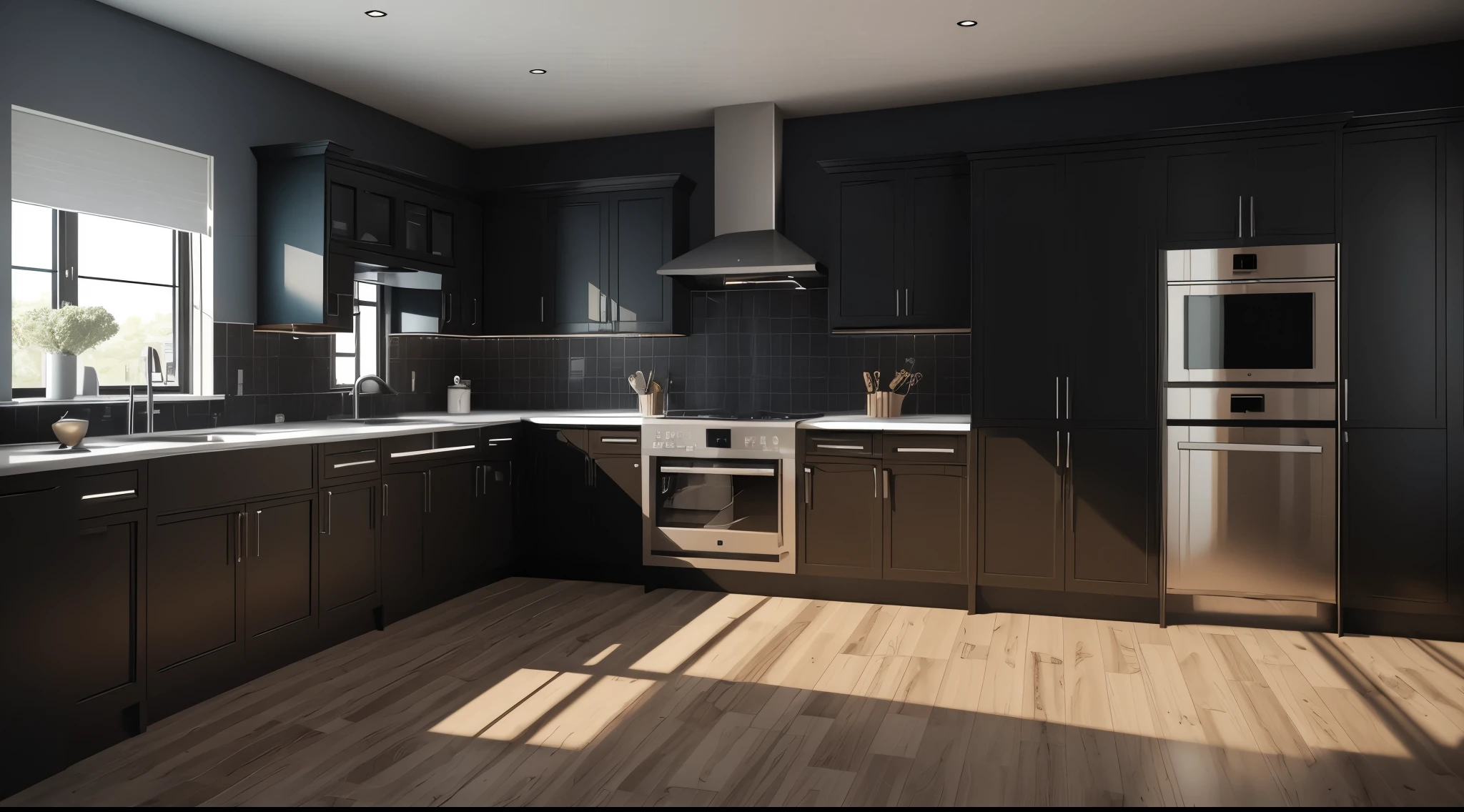 have a black kitchen,Comes with dishwasher and sink, Thomas Bock (Thomas Bock) a 3D render, CG Association Competition Winners, purity, armored car, computer generated, Product renderings, hyperrealistic”, hyperrealistic”, 描绘为 a 3D render, Hyper-realistic rendering, Hyper-realistic rendering, highly photographic render, Semi-realistic rendering, great sense of depth