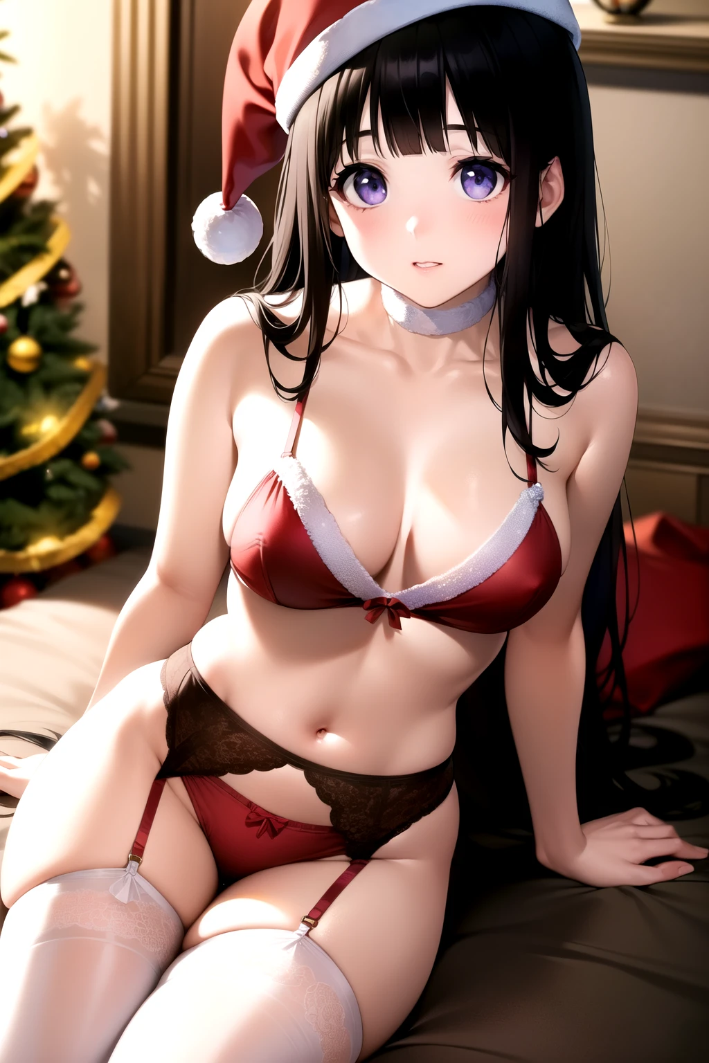 (A superb exquisite Chitanda Eru), (mature face), purple eyes, long black hair, natural straight hair, straight bangs, solo, [Small_breasts: large_breasts: 0.5], normal breasts, (santa hat, christmas tree, red lingerie, garter belt), extremely delicate, peerless beautiful girl, dreamy quality, exaggerated facial features, solid color, delicate face, bright lips, slender waist, soft-straight curves, real light and shadow, super fine, 8K HD, (masterpiece:1.4), (finely detailed beautiful eyes: 1.2)